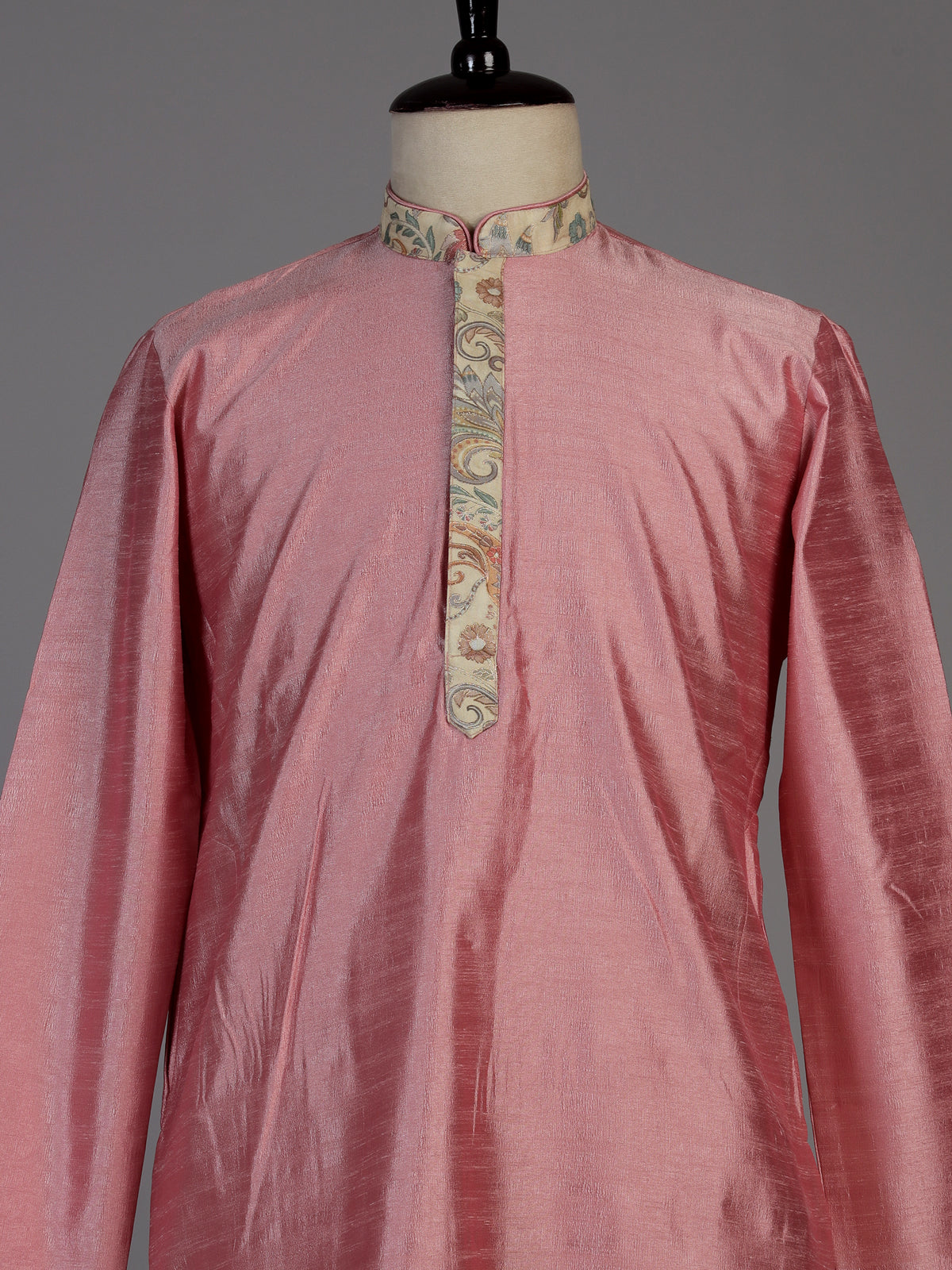 Pink silk waistcoat set for men with printed zari detailing