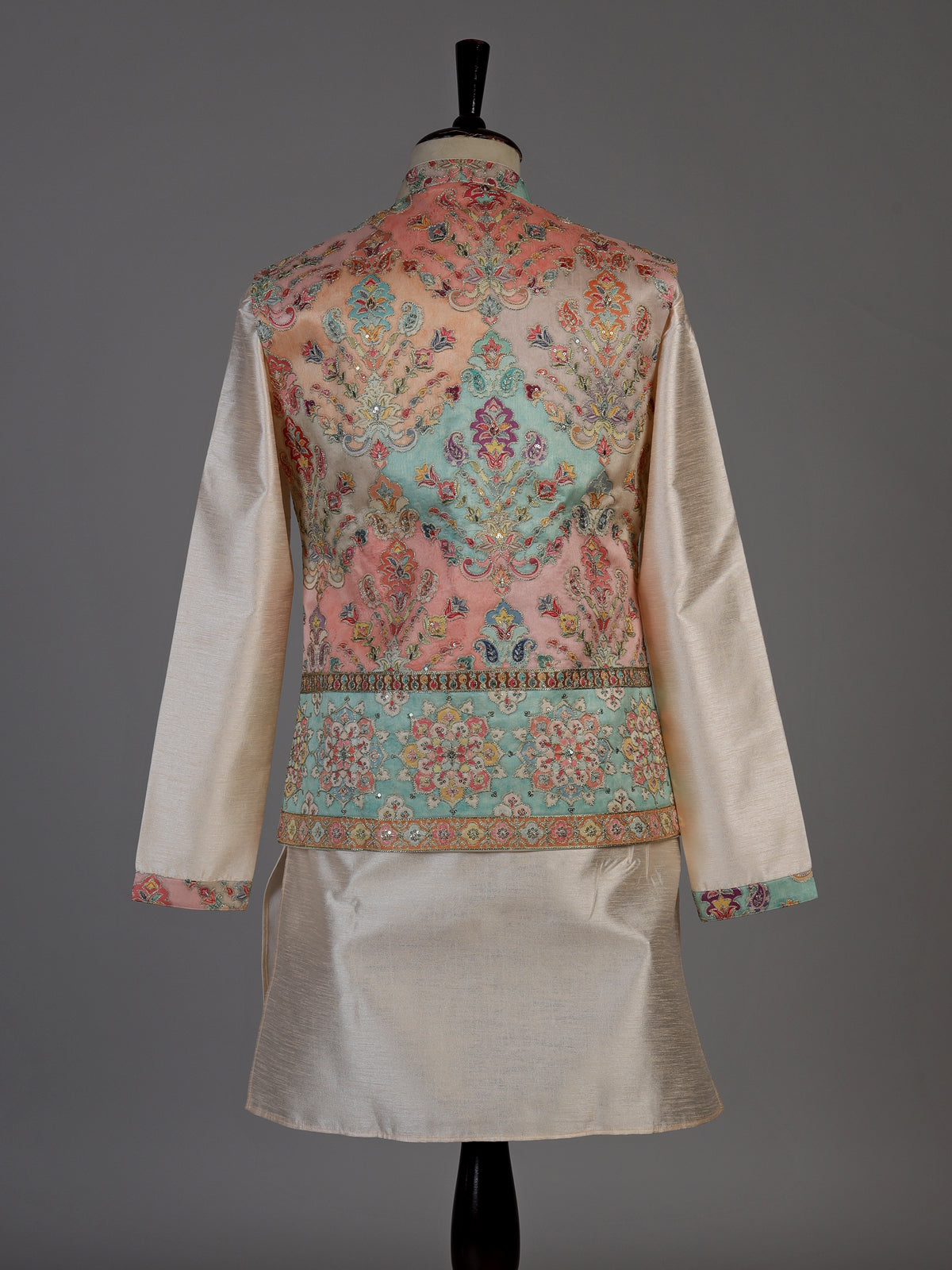 Beige silk printed waistcoat set for men with elegant detailing