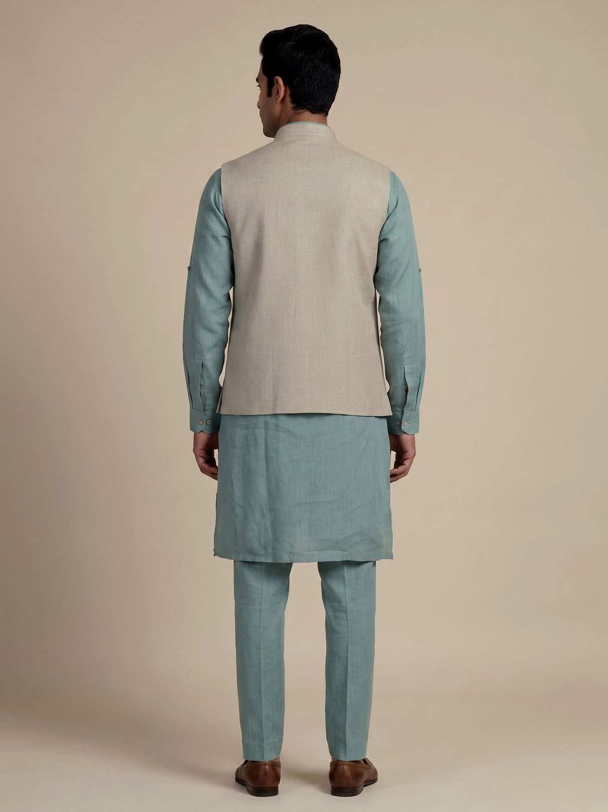 Aqua blue linen waistcoat set for men with festive embellishments