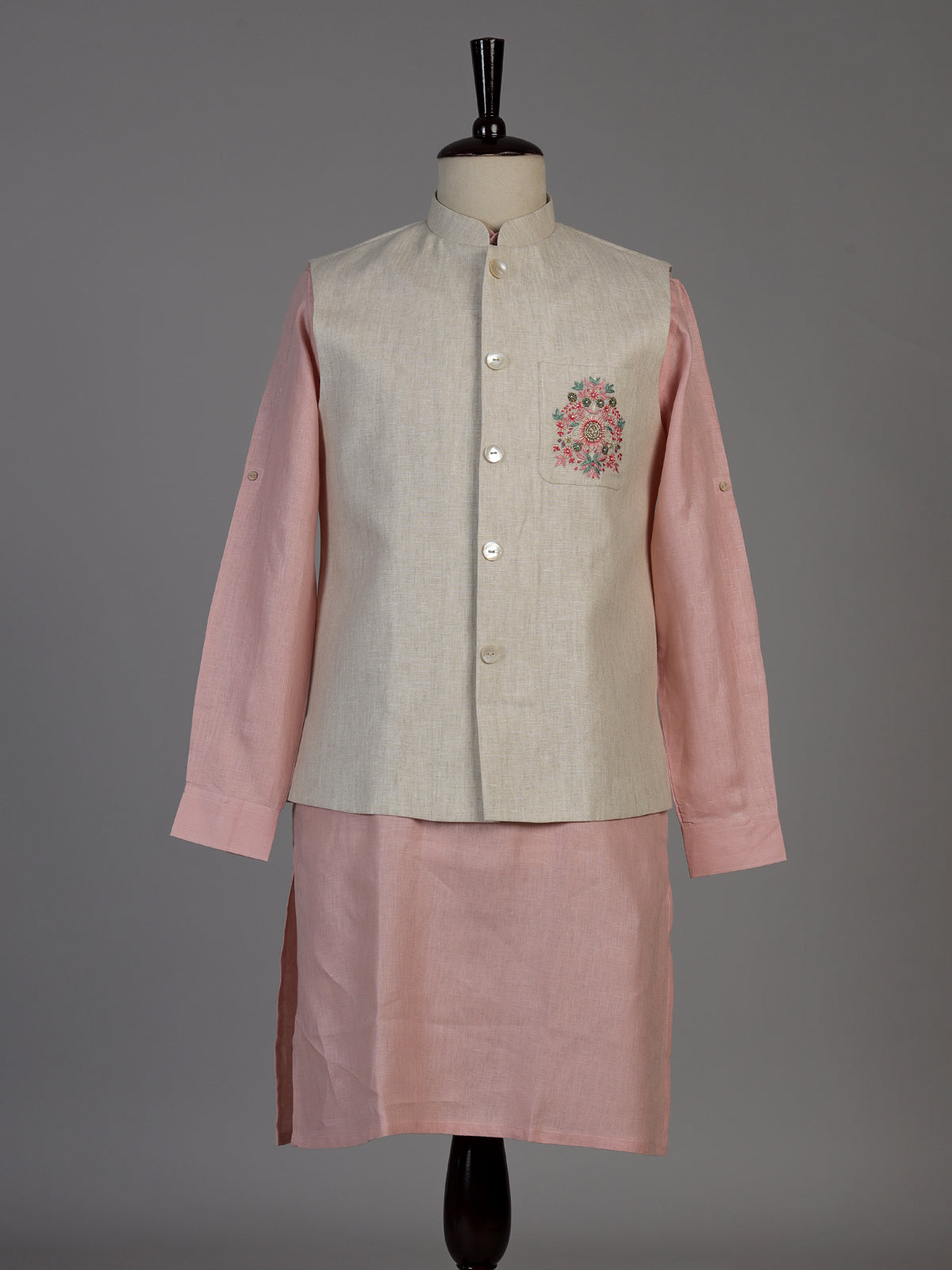 Pink linen waistcoat set for men with intricate zardosi embellishments