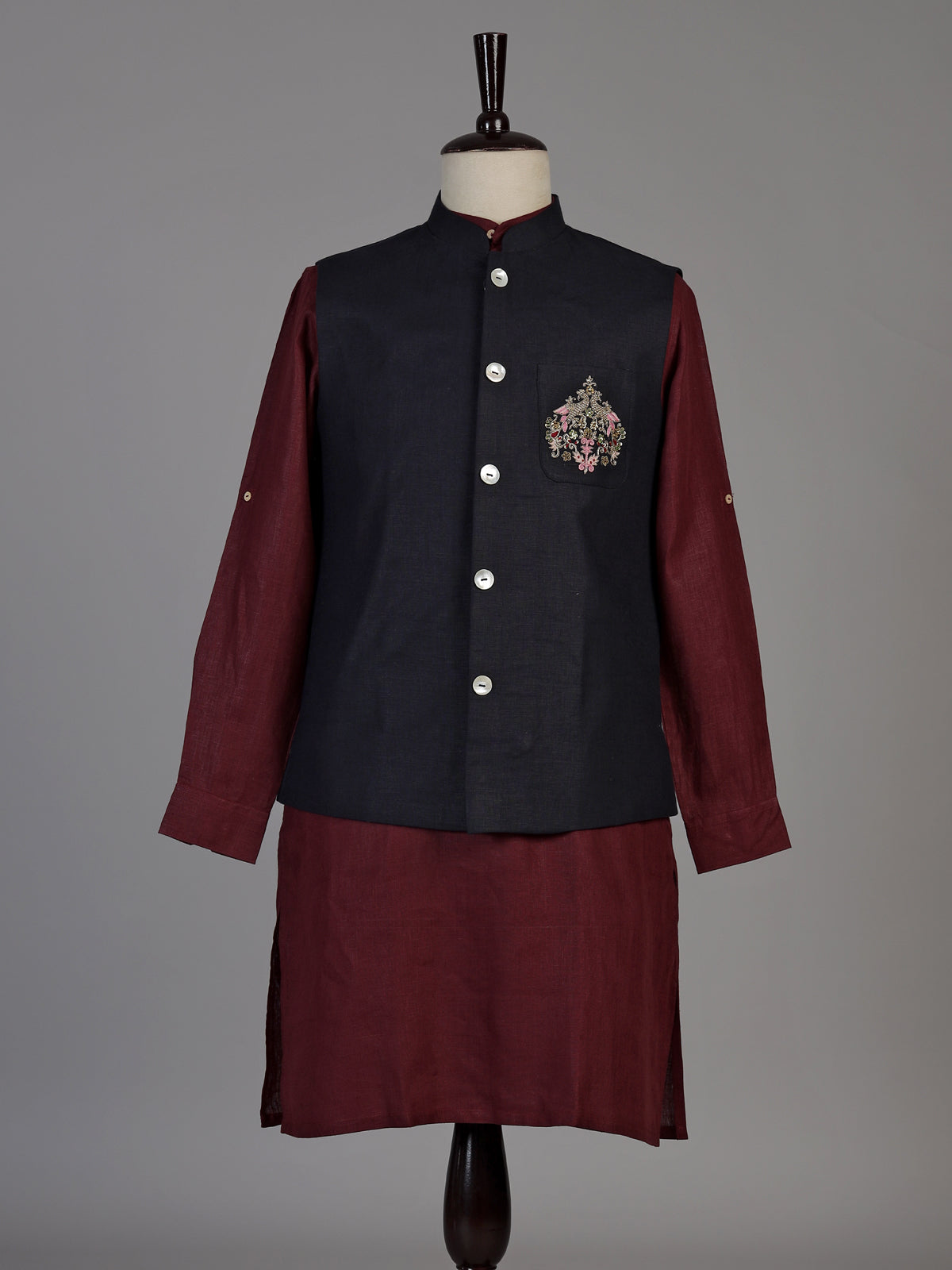 Maroon cotton waistcoat set for men with luxurious embellishments