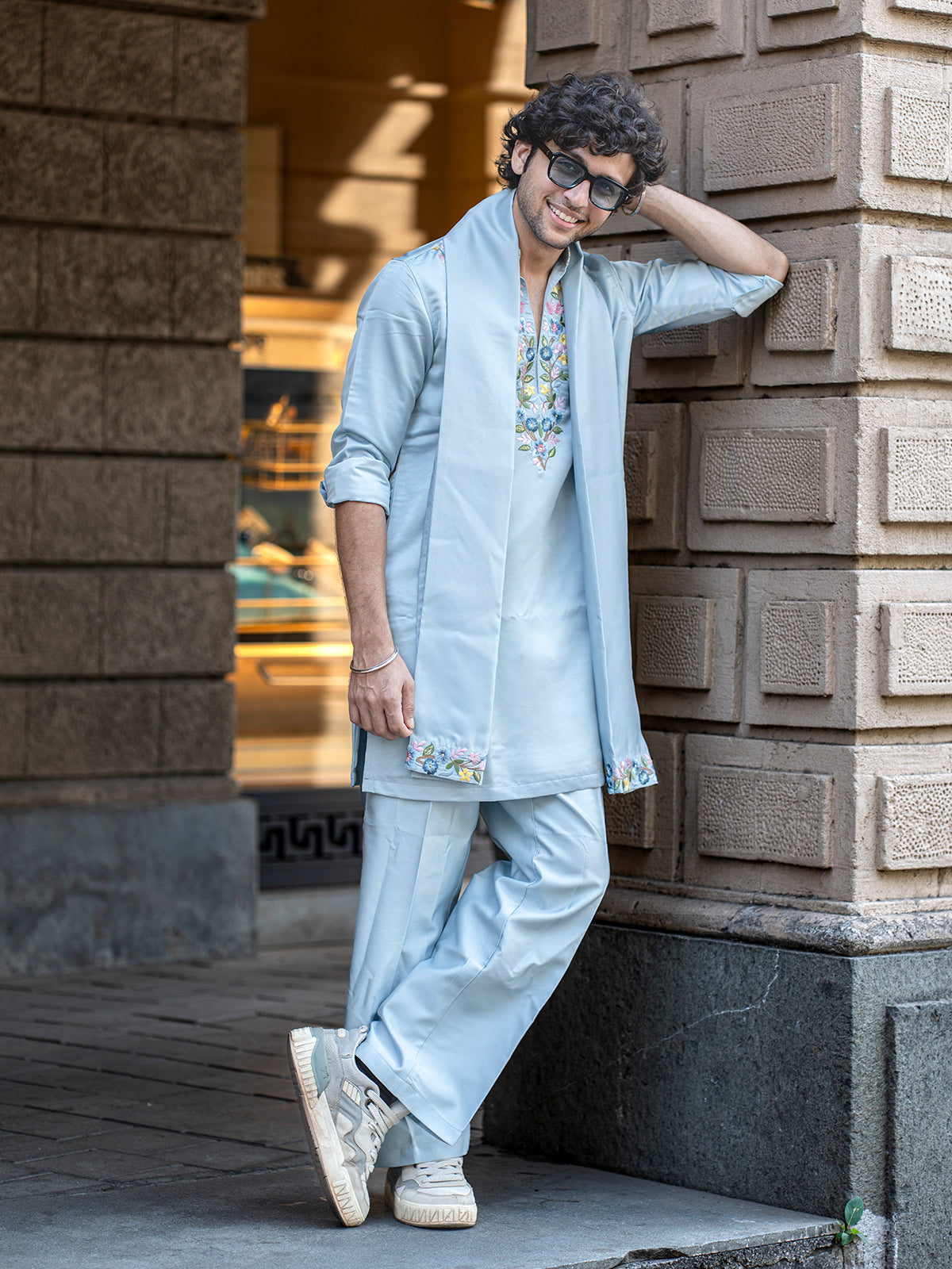 Sky blue geometric threadwork kurta suit for men