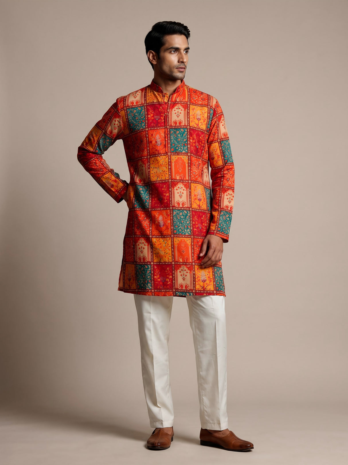 Red silk printed kurta suit for men festive occasionsc