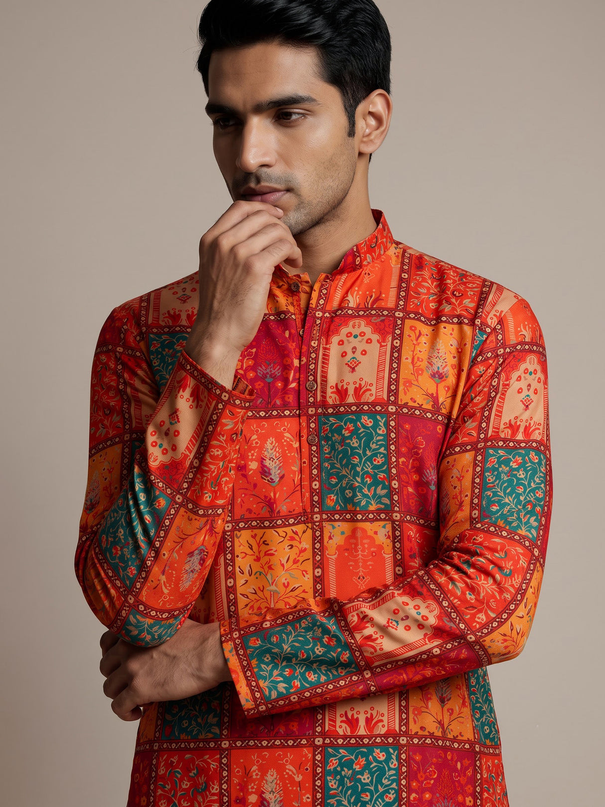 Red silk printed kurta suit for men festive occasionsc