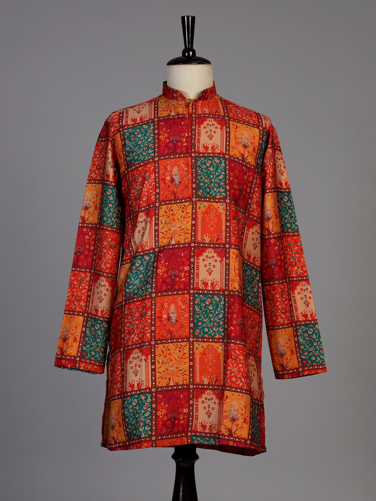 Red silk printed kurta suit for men festive occasionsc