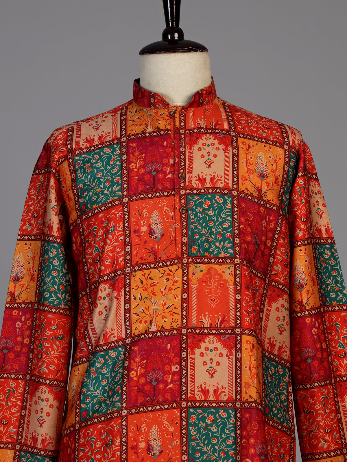 Red silk printed kurta suit for men festive occasionsc