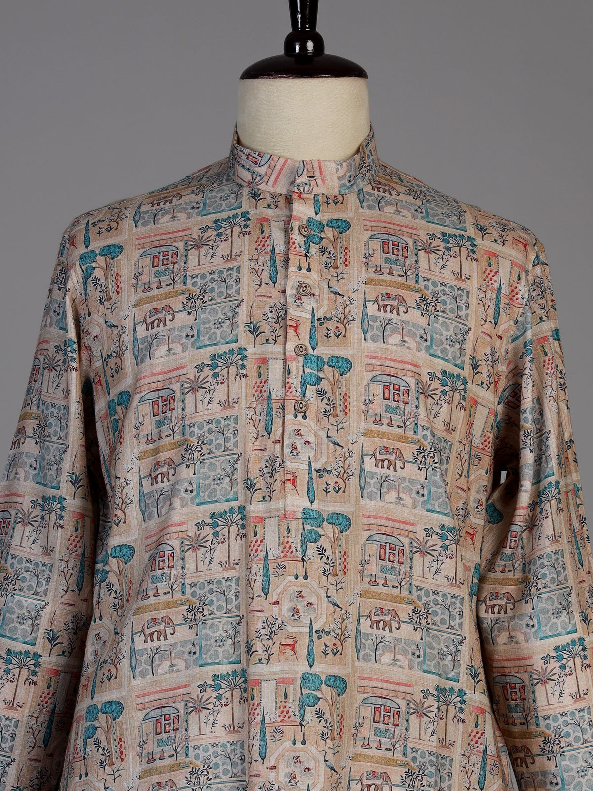Beige silk printed kurta suit for men traditional elegance