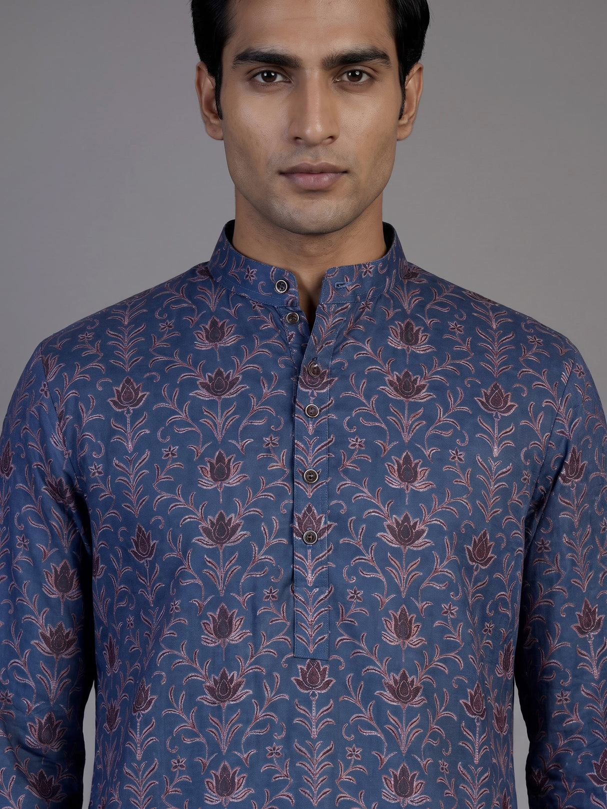 Navy silk printed kurta suit for men festive occasions