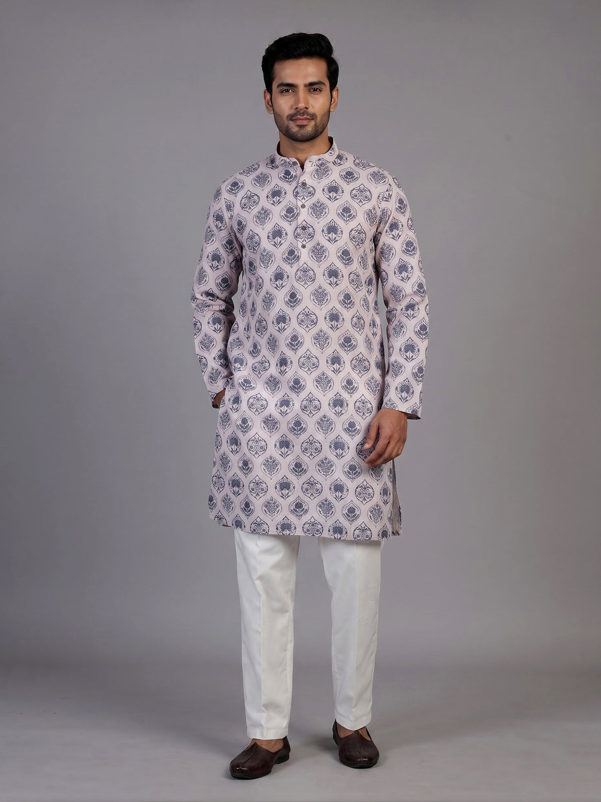 Off white cotton silk printed kurta suit for men
