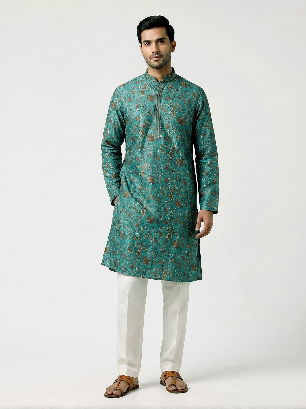 Teal green cotton silk floral kurta suit for men