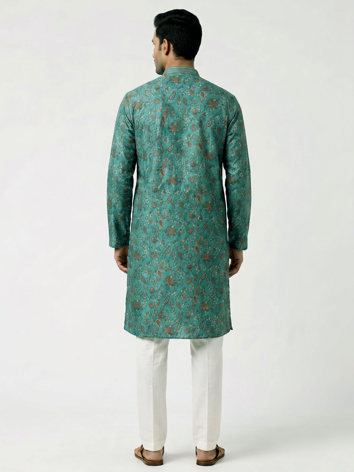 Teal green cotton silk floral kurta suit for men