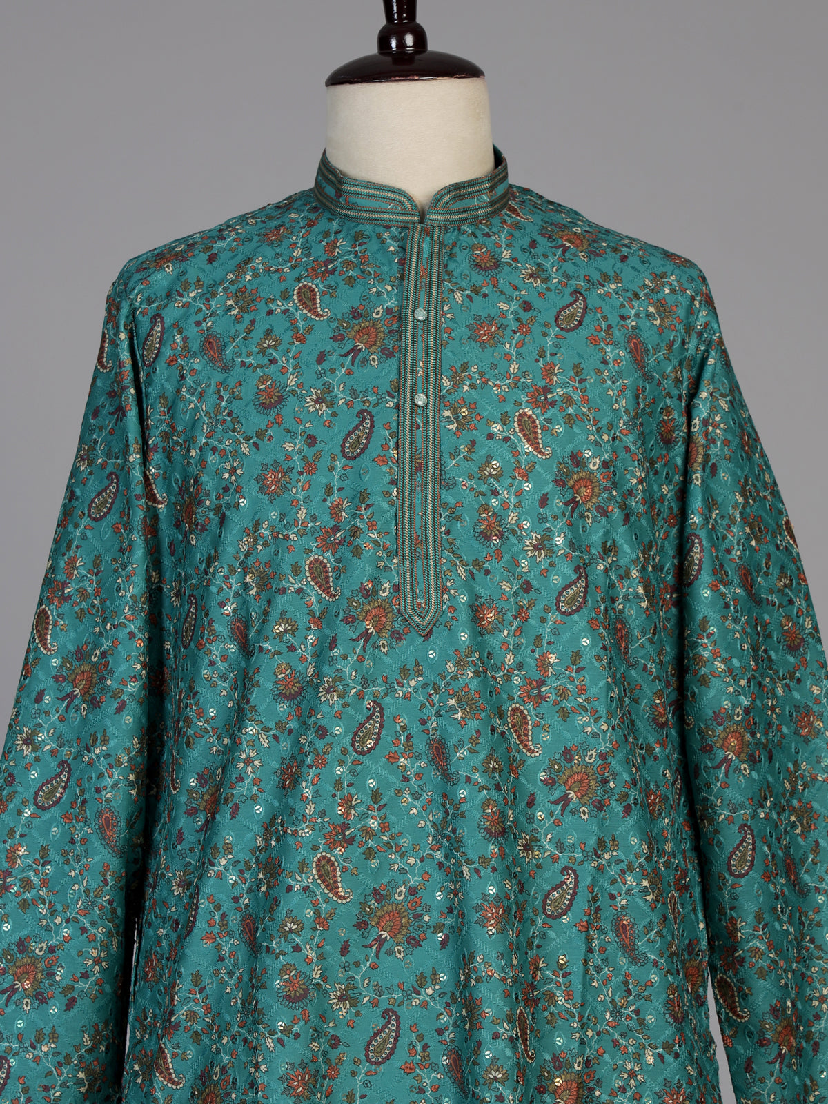 Teal green cotton silk floral kurta suit for men