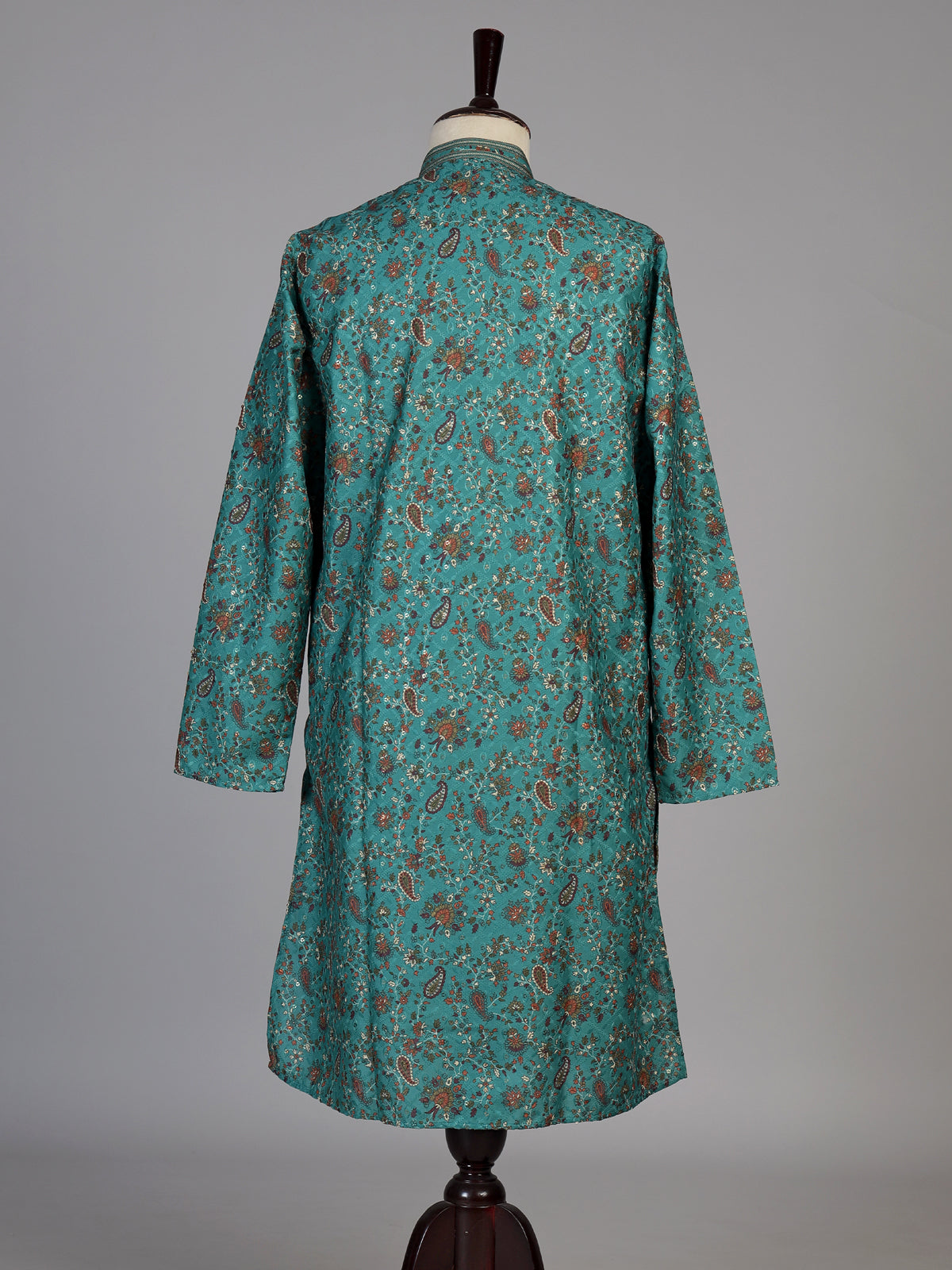 Teal green cotton silk floral kurta suit for men