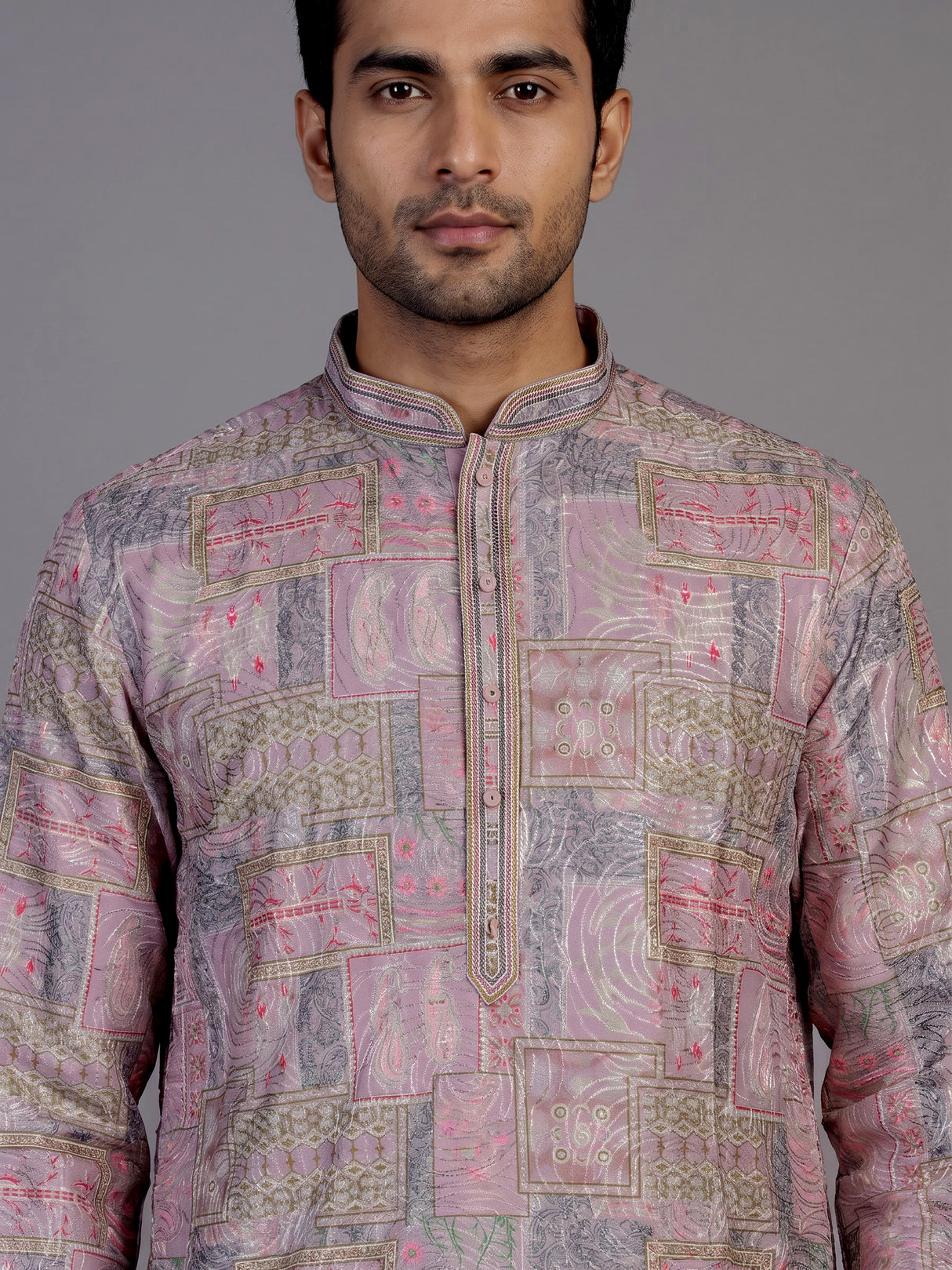 Pink silk printed kurta suit for men festive elegance