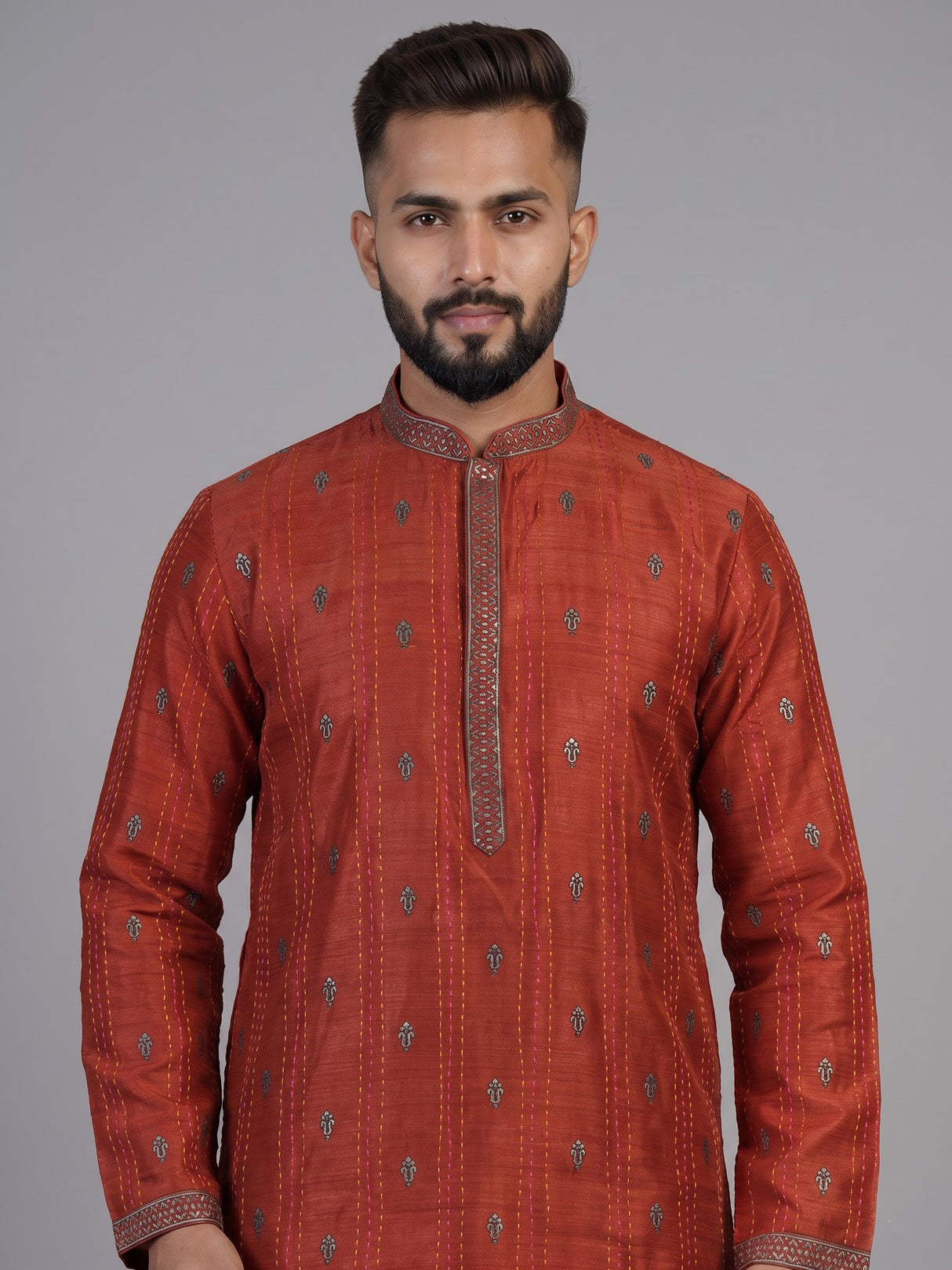 Orange silk blend embroidered butti kurta suit for men