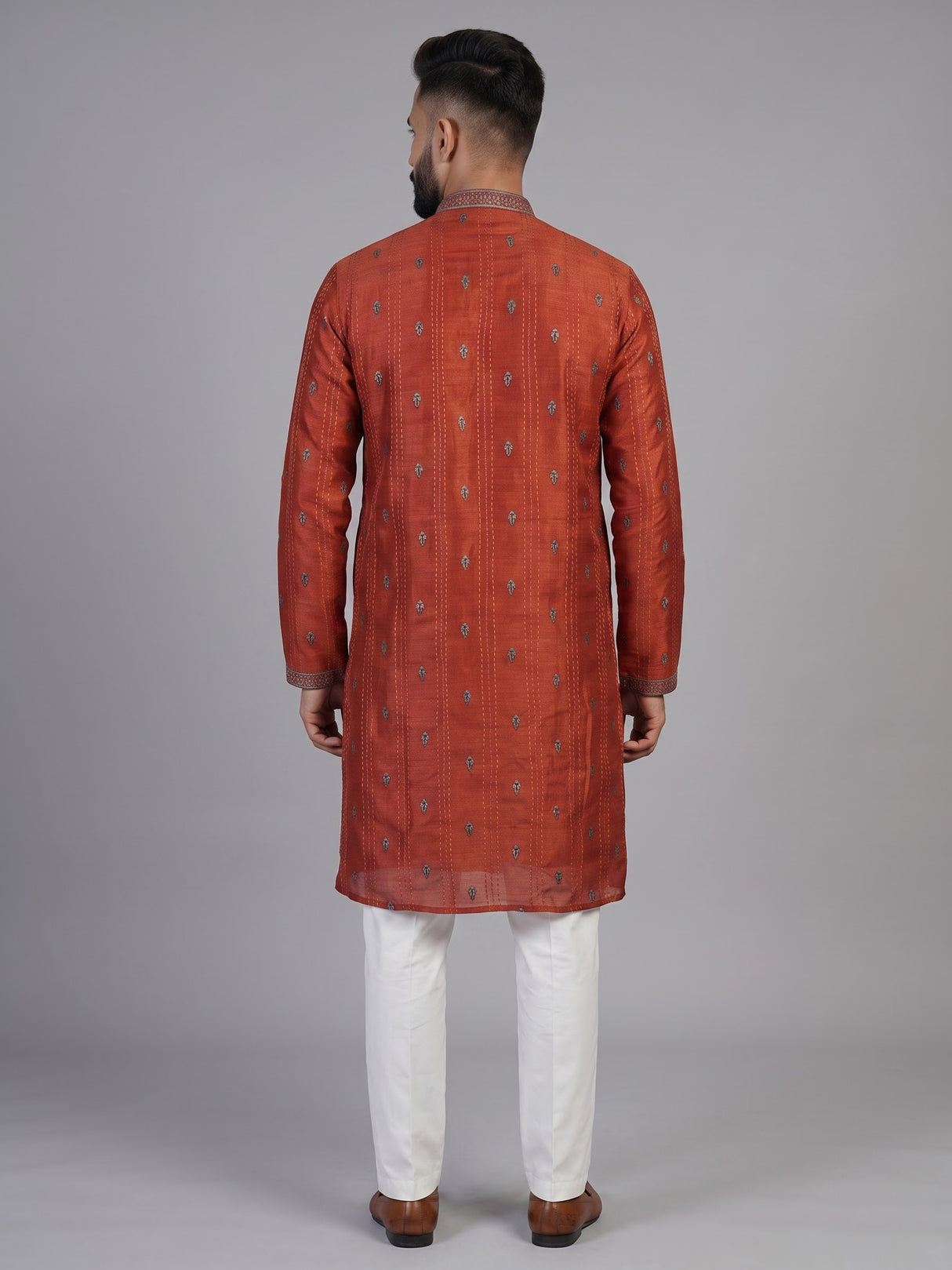 Orange silk blend embroidered butti kurta suit for men
