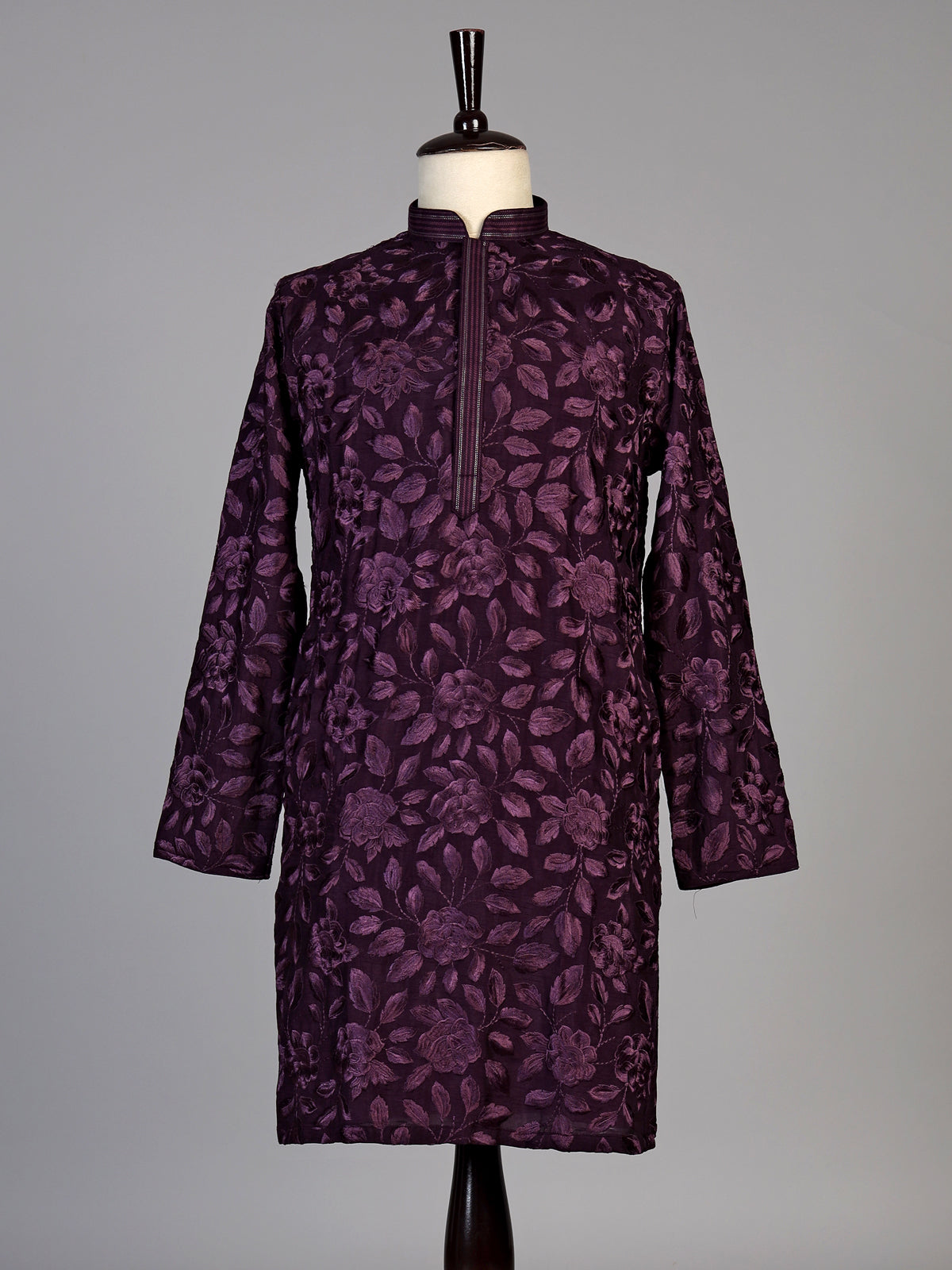 Wine cotton floral embroidered kurta suit for men