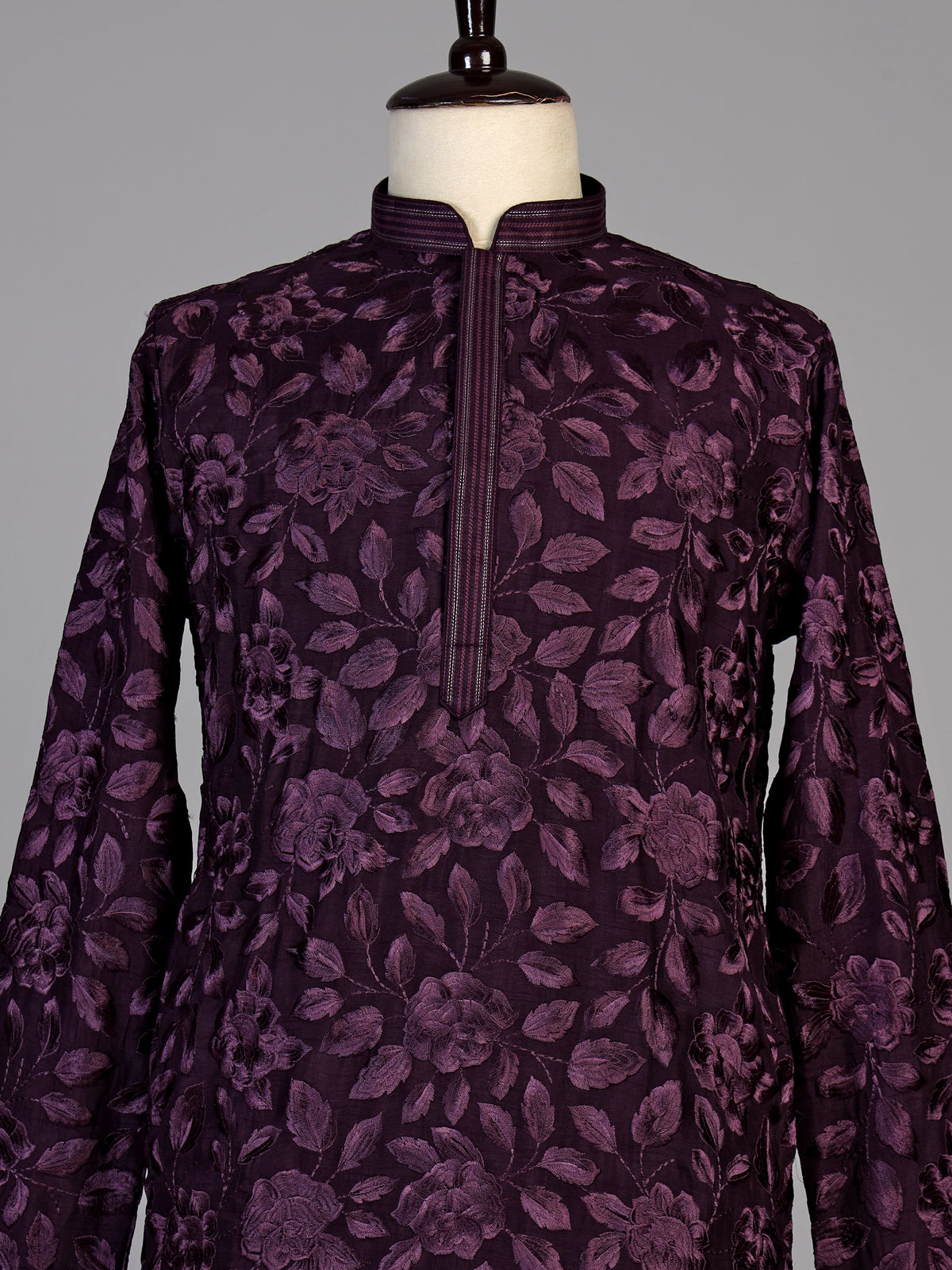 Wine cotton floral embroidered kurta suit for men