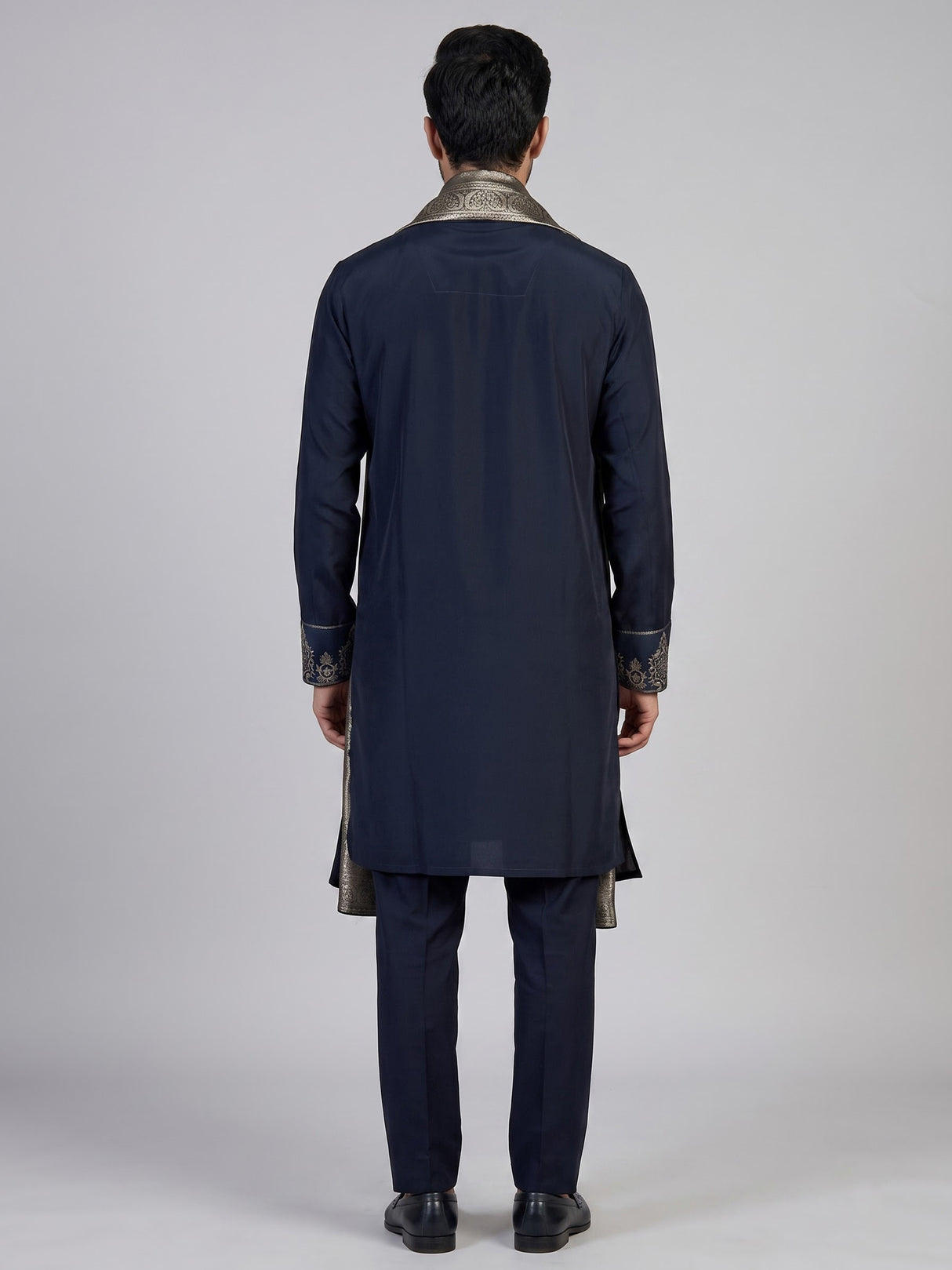 Teal blue silk zari woven kurta suit for men