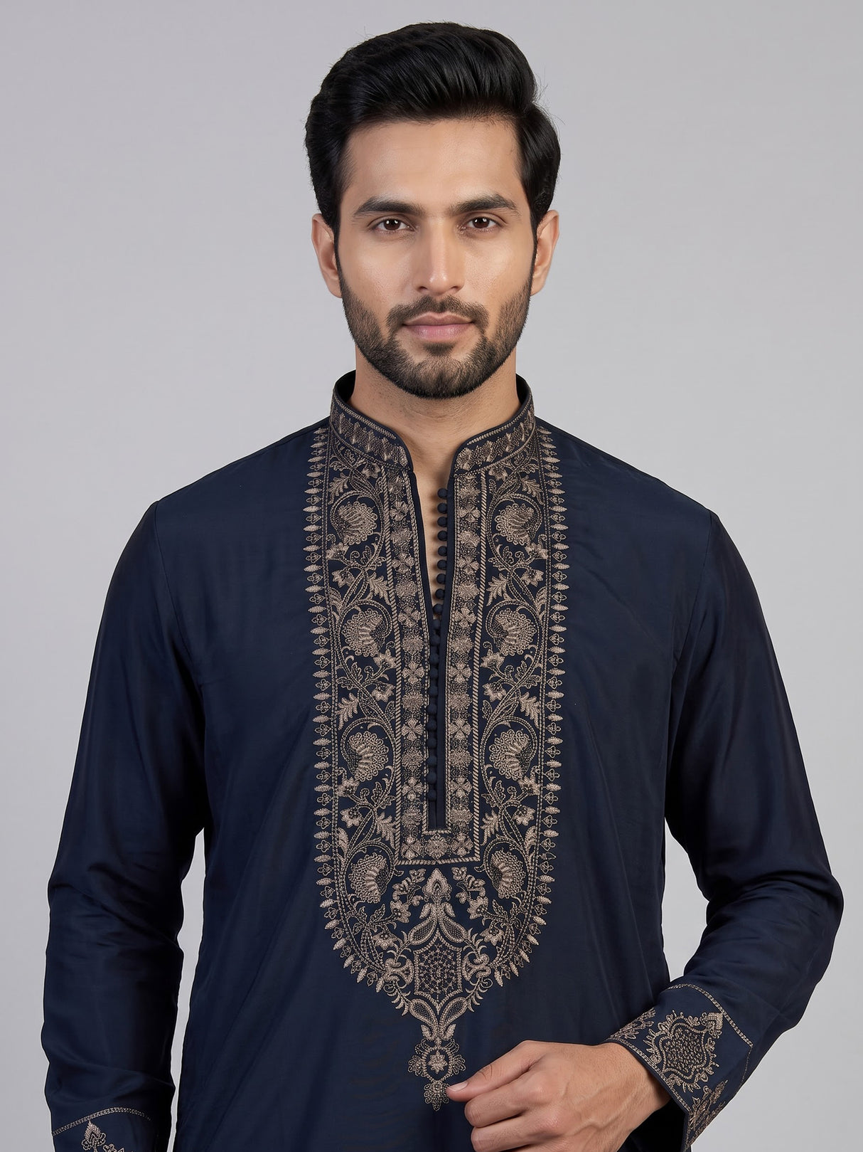 Teal blue silk zari woven kurta suit for men