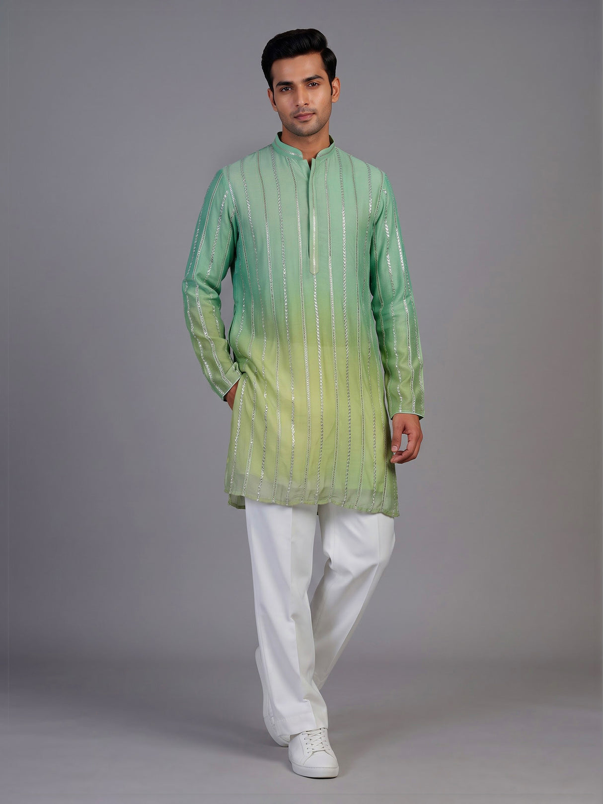 Pista green shaded silk kurta suit for men