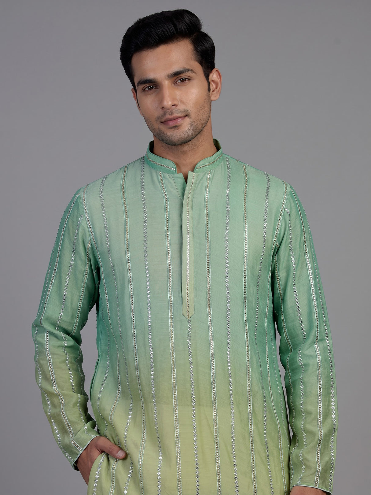 Pista green shaded silk kurta suit for men