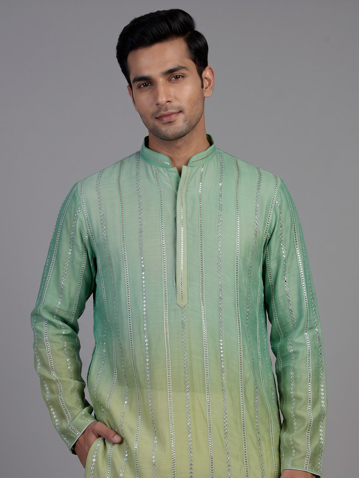 Pista green shaded silk kurta suit for men