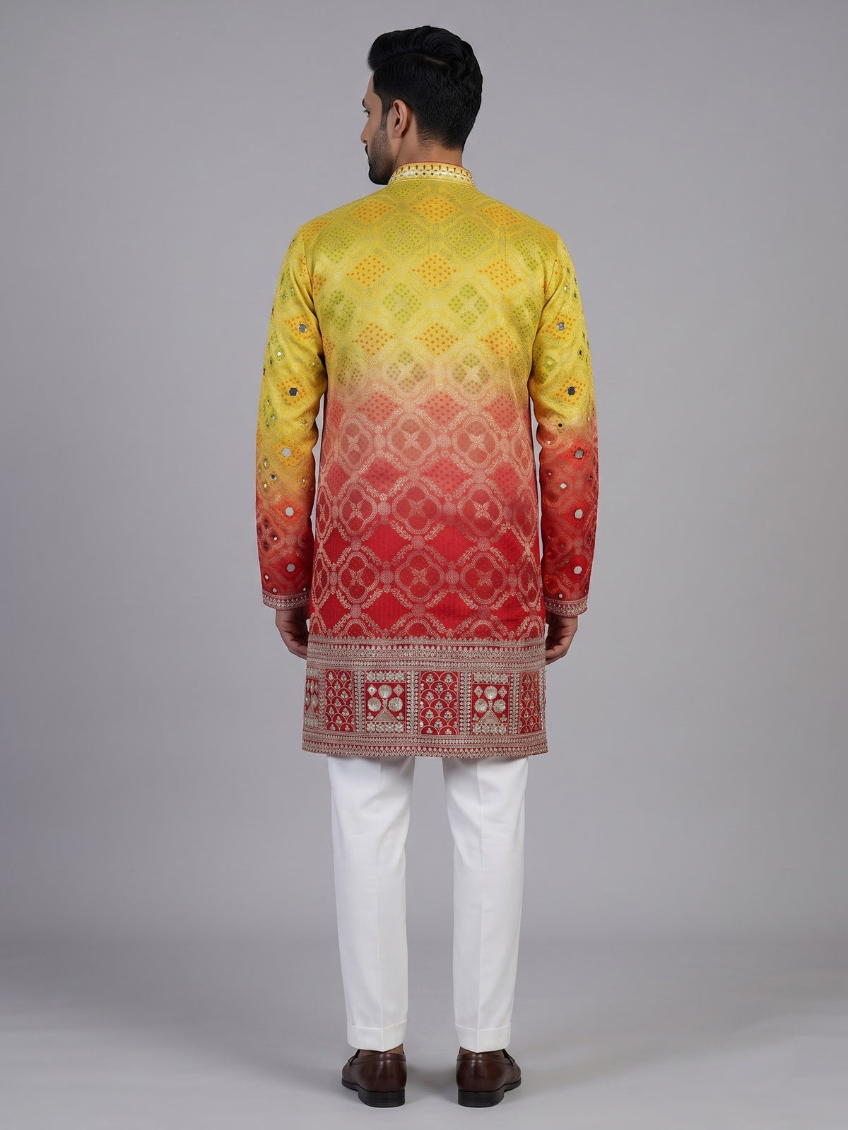 Red silk shaded bandhani kurta suit for men