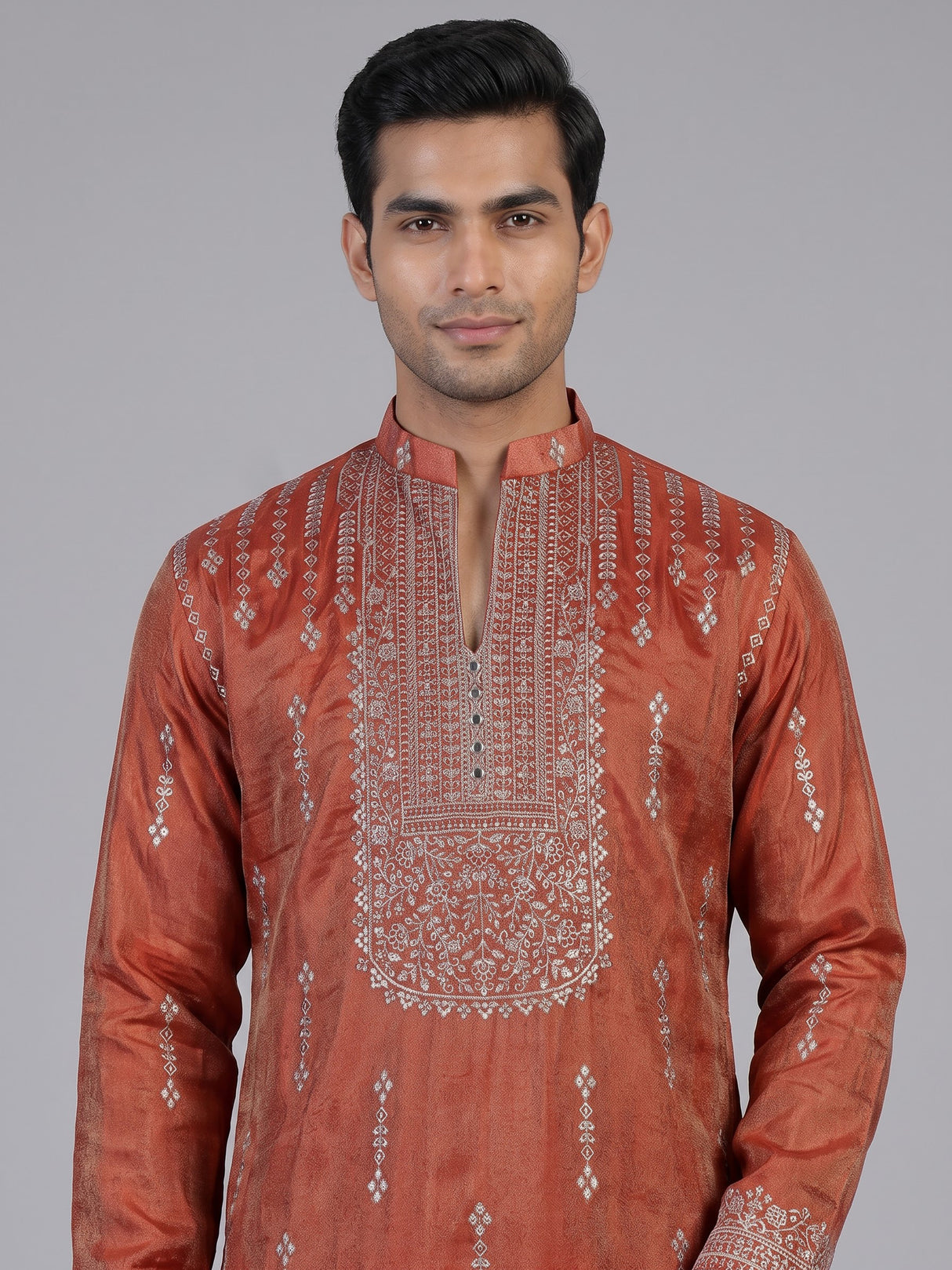 Pastel orange silk embroidered kurta suit for men