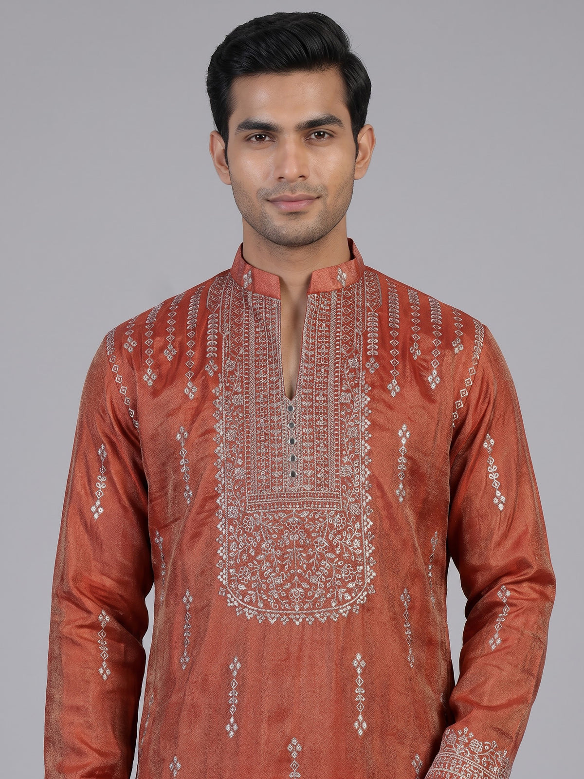 Pastel orange silk embroidered kurta suit for men