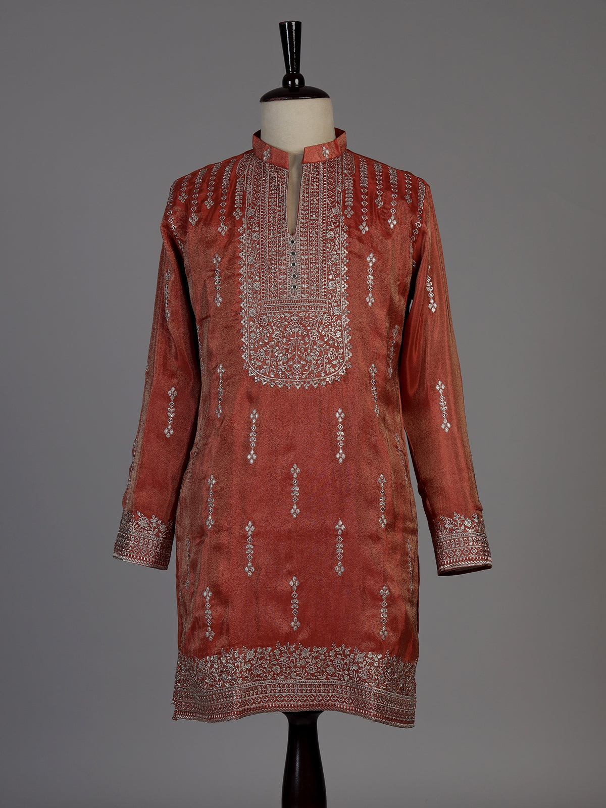 Pastel orange silk embroidered kurta suit for men