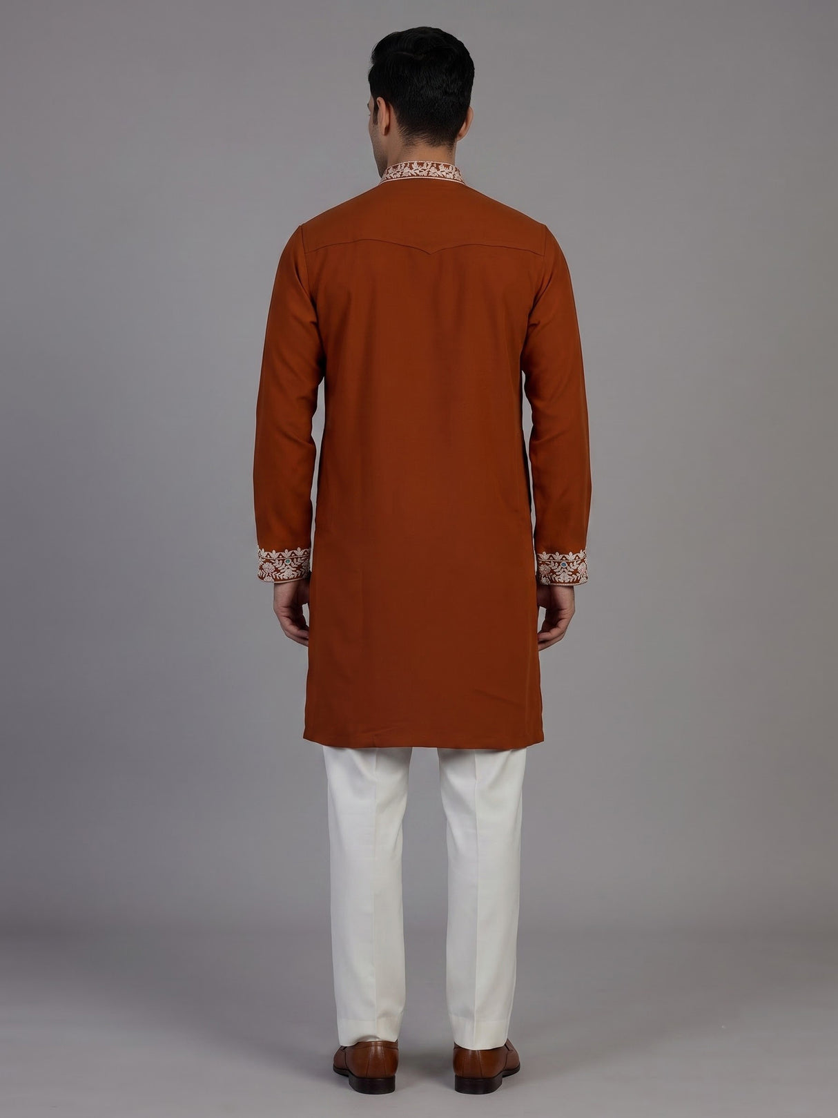 Rust orange viscose georgette kurta suit for men