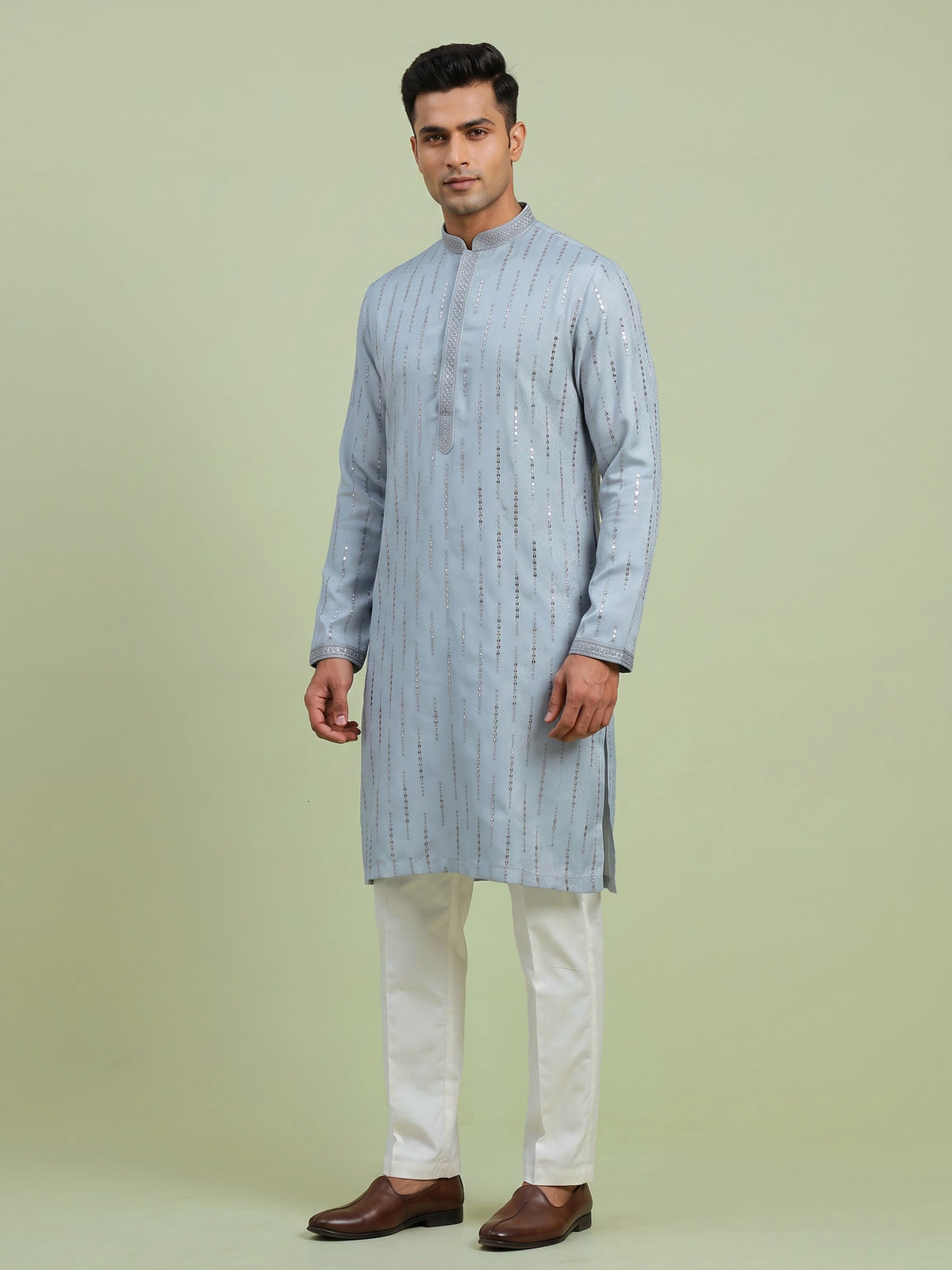Sky blue silk embroidered sequin kurta suit for men