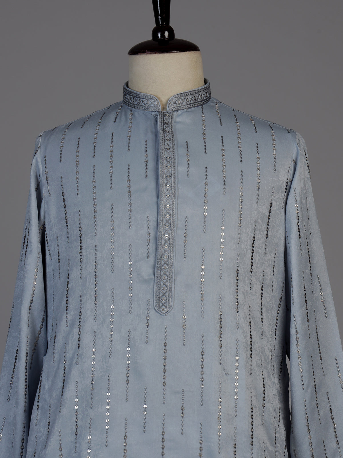 Sky blue silk embroidered sequin kurta suit for men