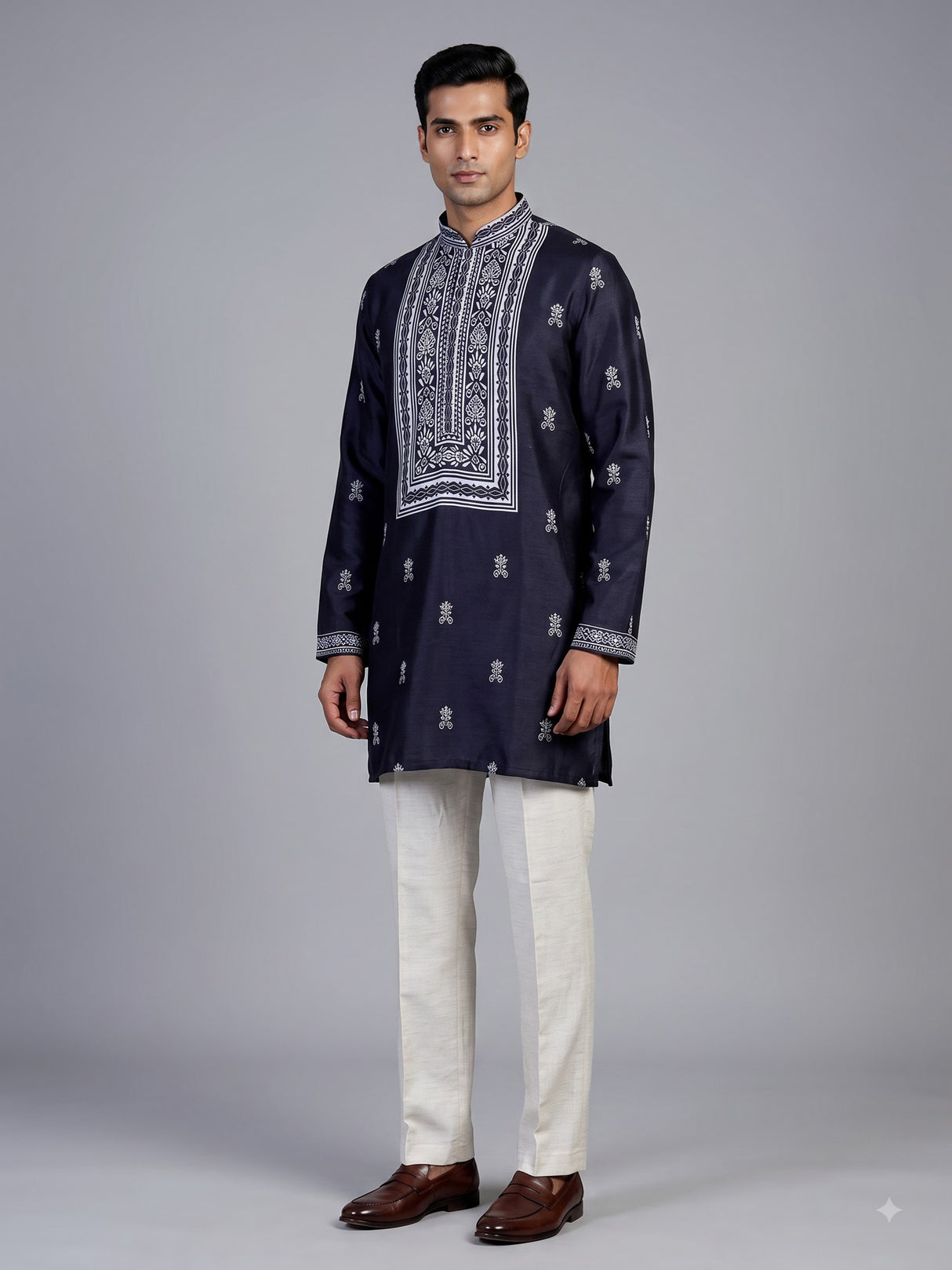 Navy silk printed kurta suit for men festive style