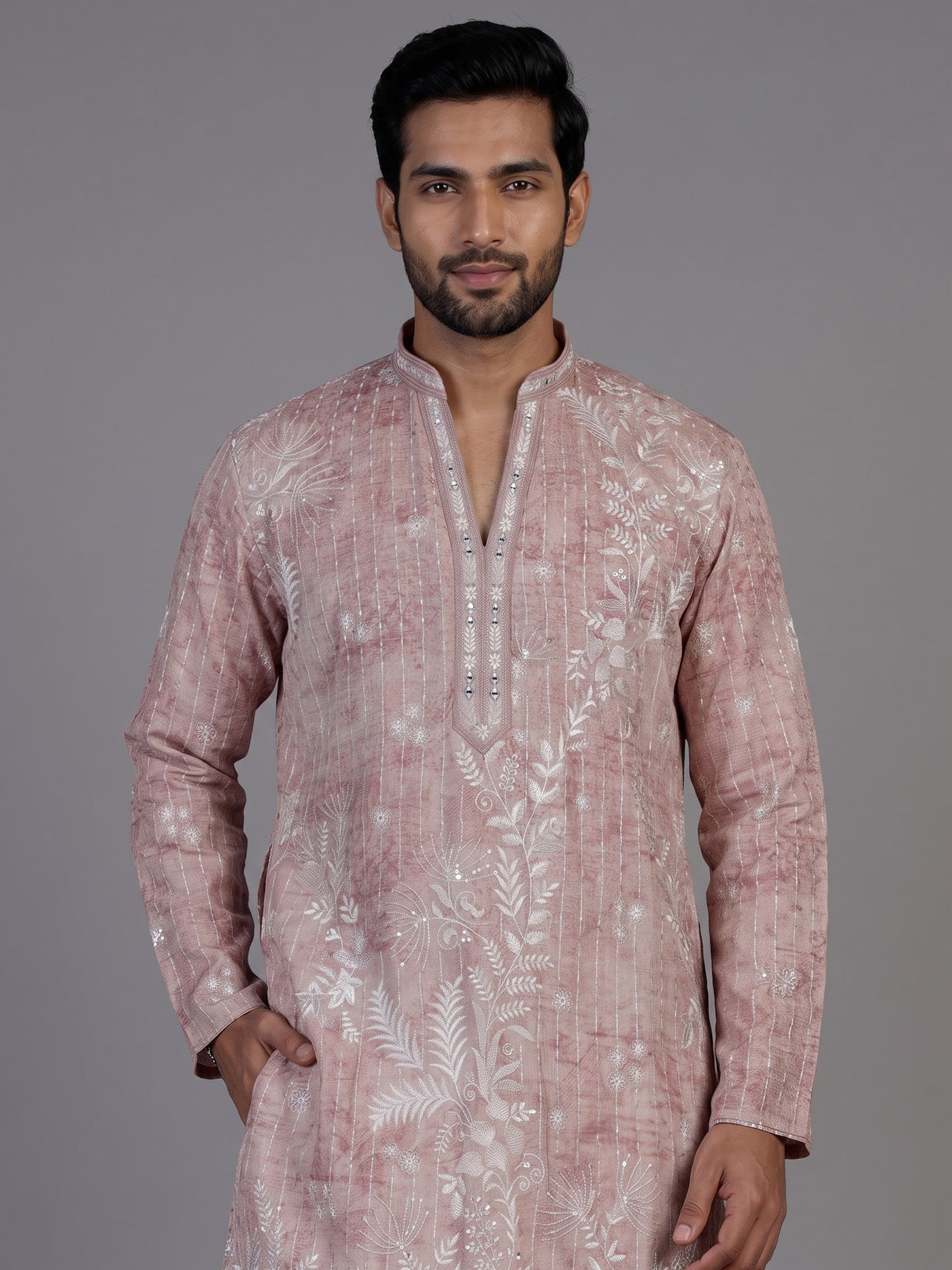Onion pink silk printed embroidered kurta suit for men