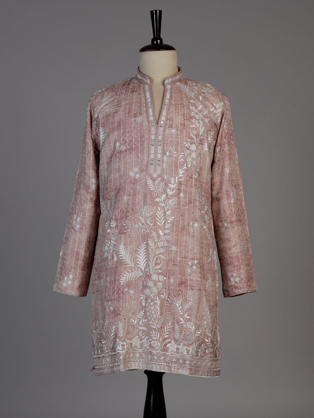 Onion pink silk printed embroidered kurta suit for men