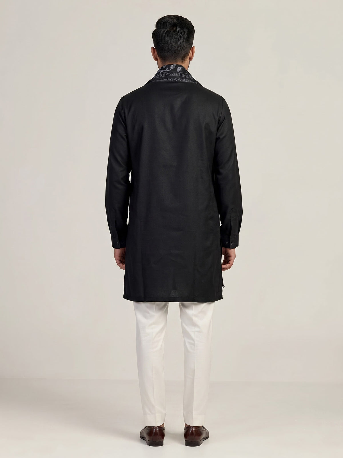 Black cotton embroidered kurta suit with woven dupatta