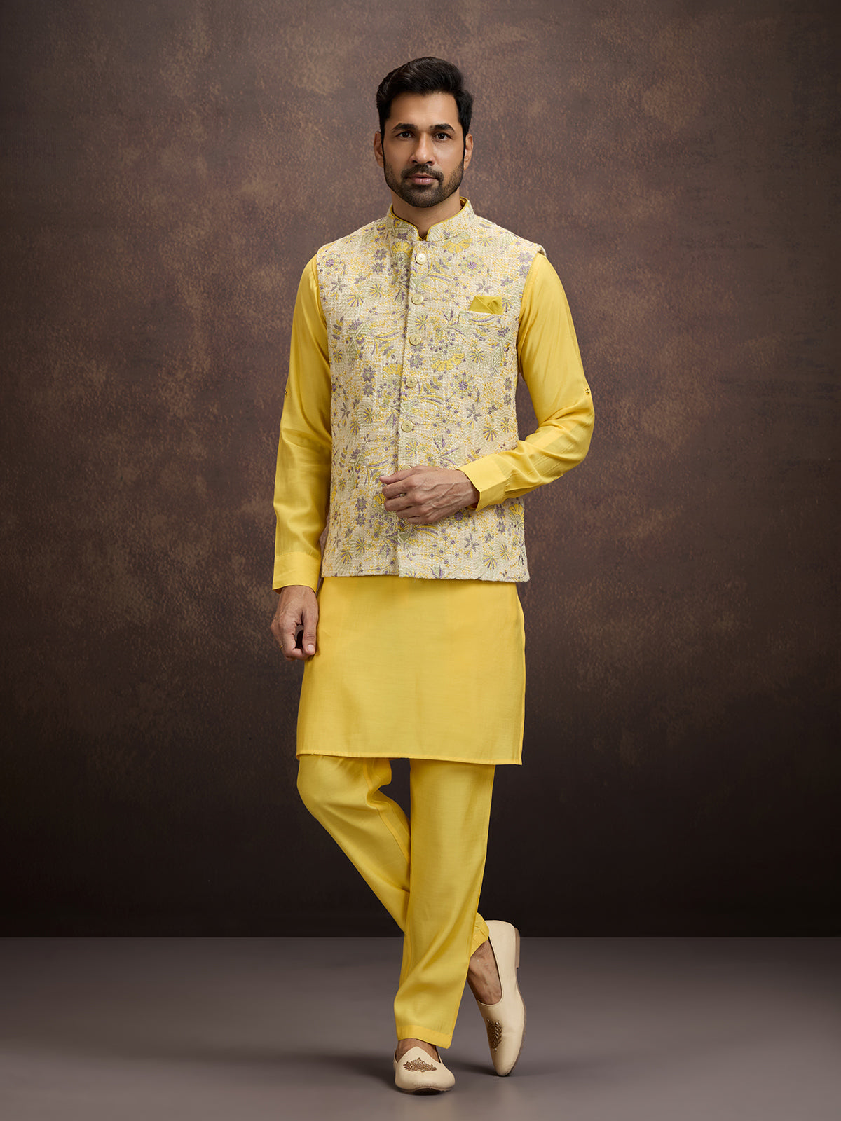 Yellow cotton linen waistcoat set