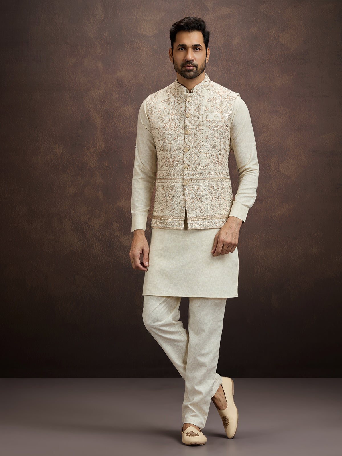 Cream embroidered cotton linen waistcoat set