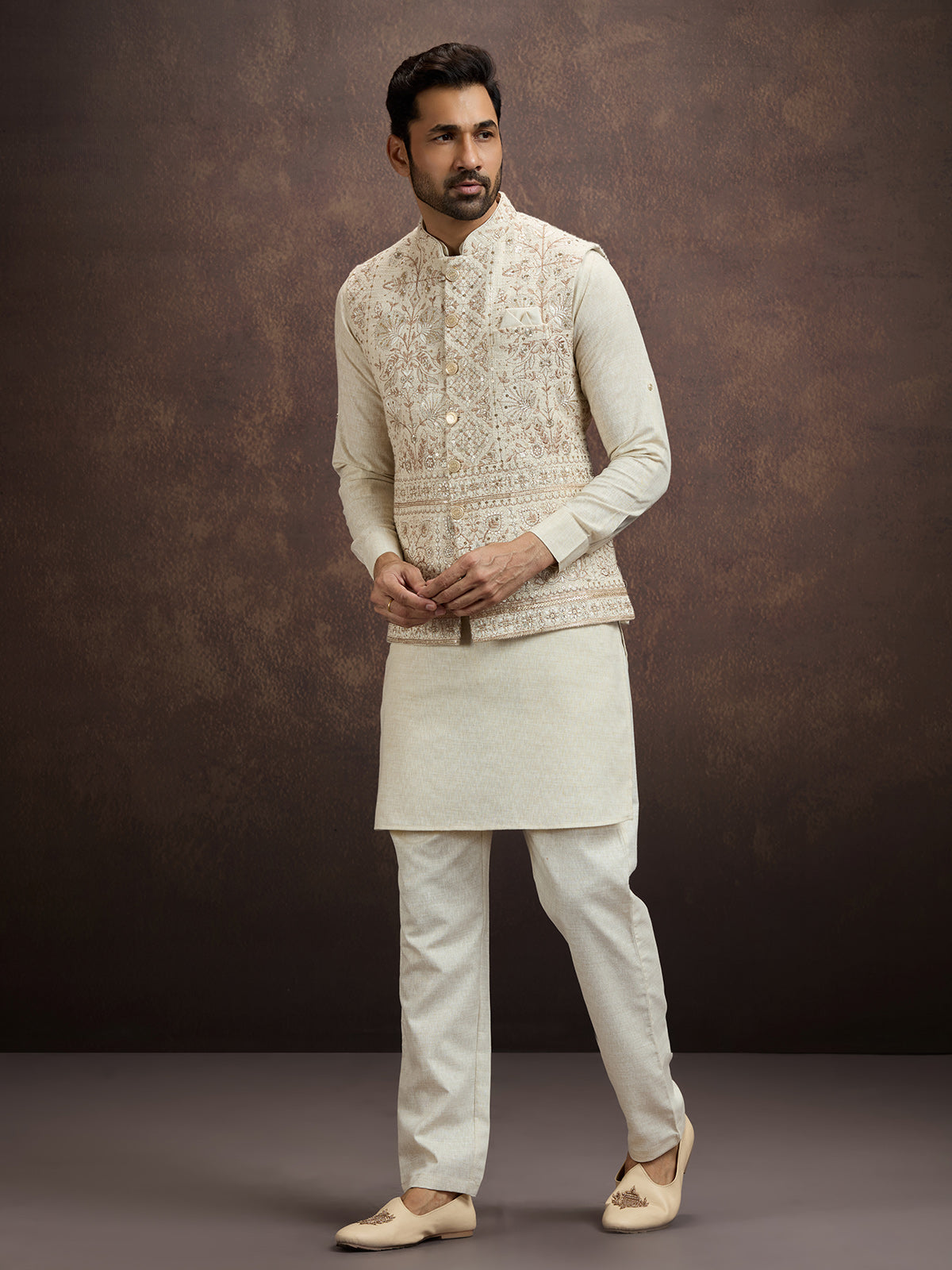 Cream embroidered cotton linen waistcoat set