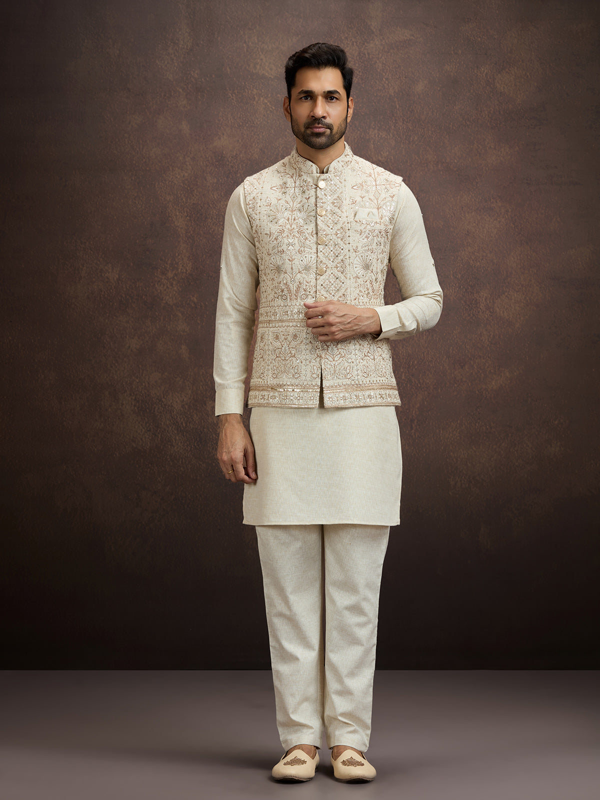 Cream embroidered cotton linen waistcoat set