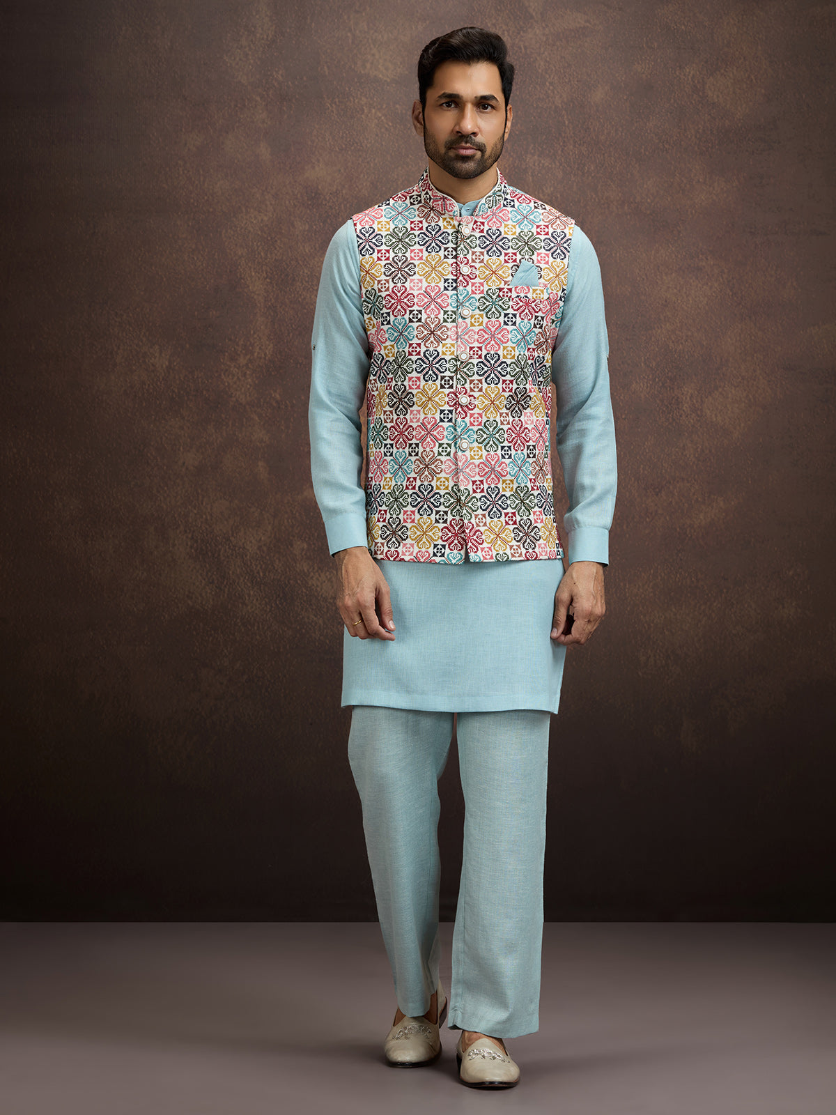 Powder sky blue cotton linen waistcoat set