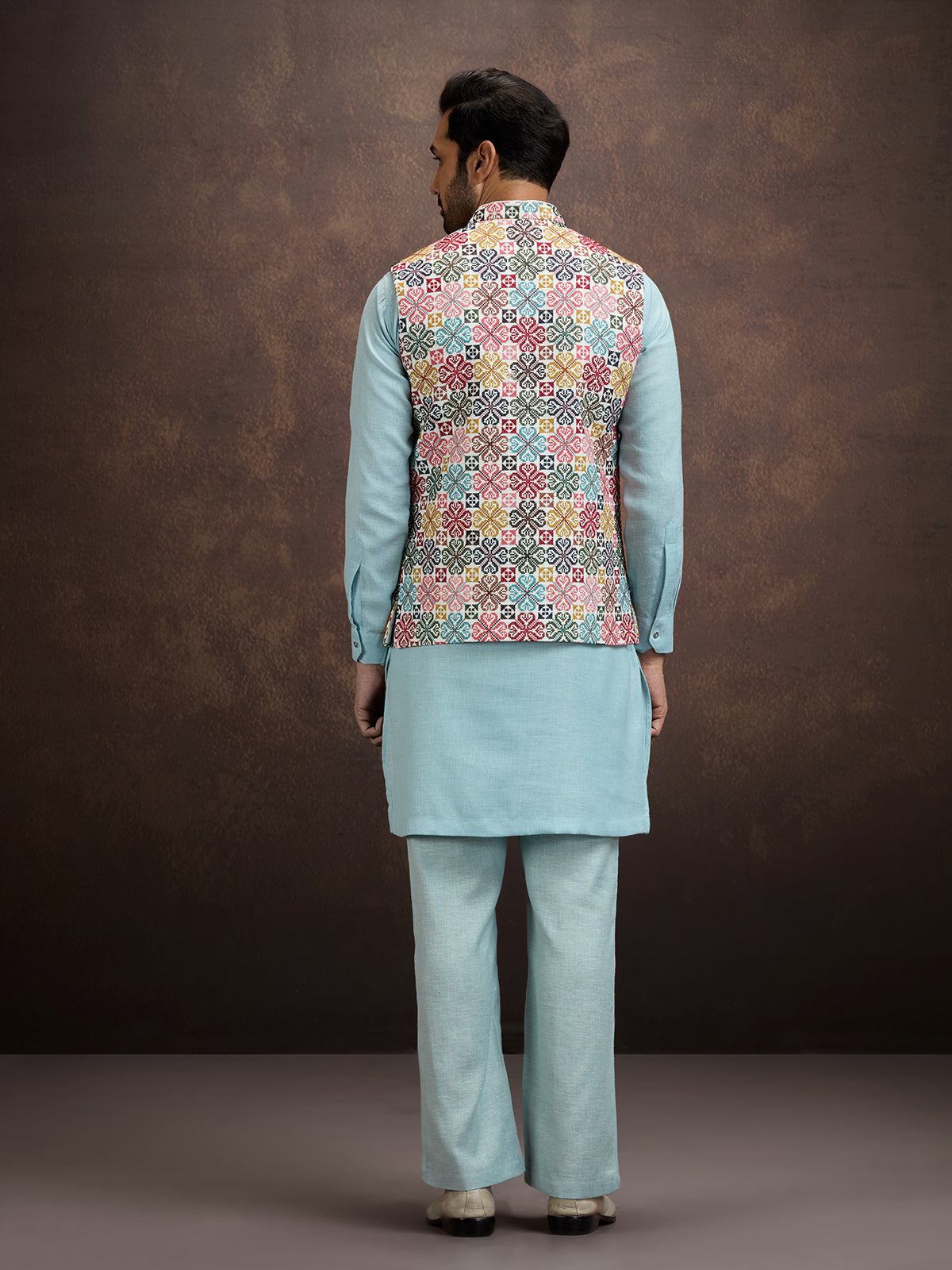 Powder sky blue cotton linen waistcoat set
