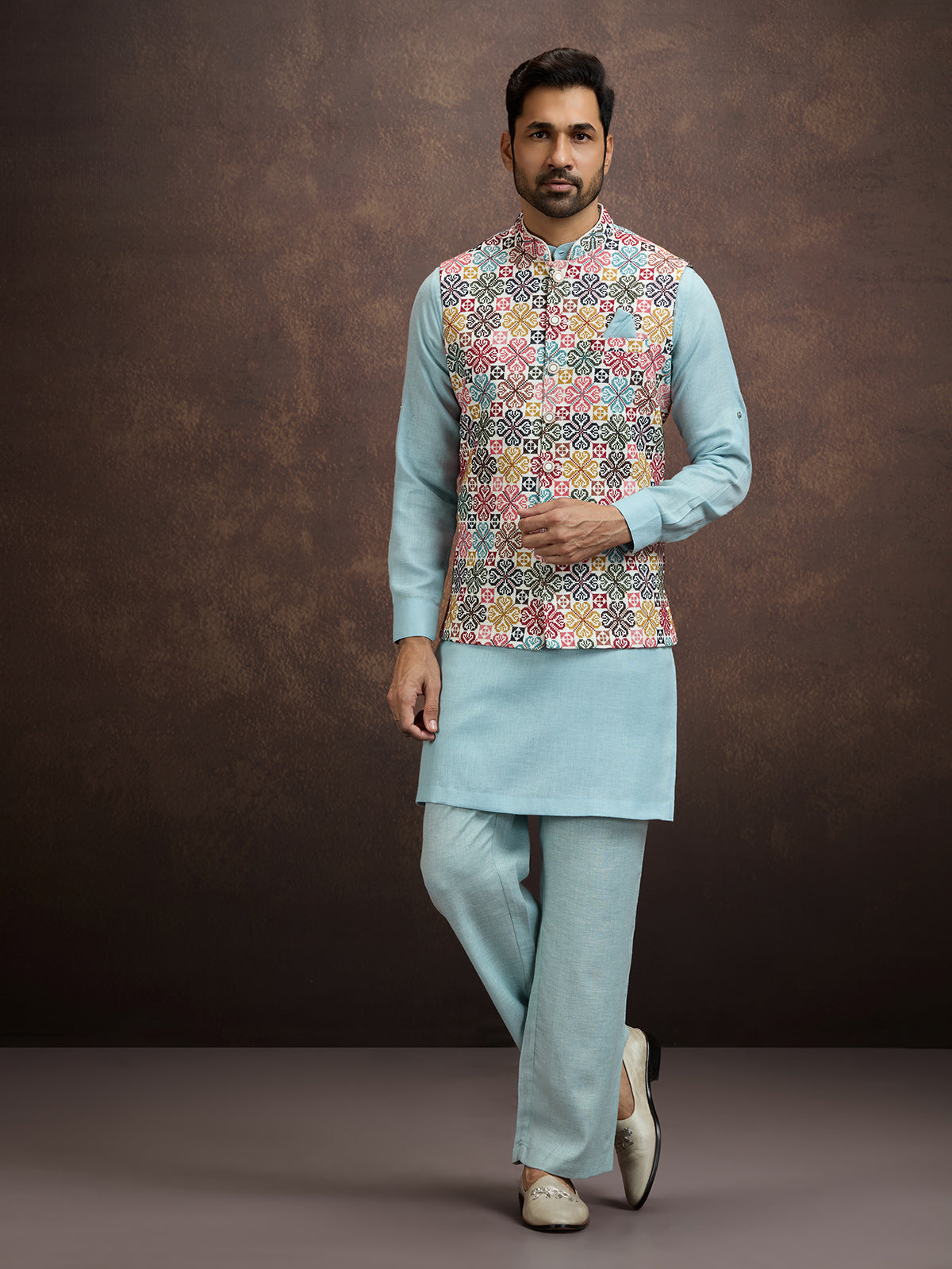 Powder sky blue cotton linen waistcoat set