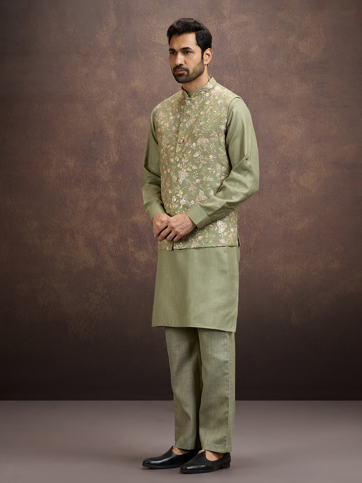 Moss green floral embroidered mens waistcoat set in cotton linen