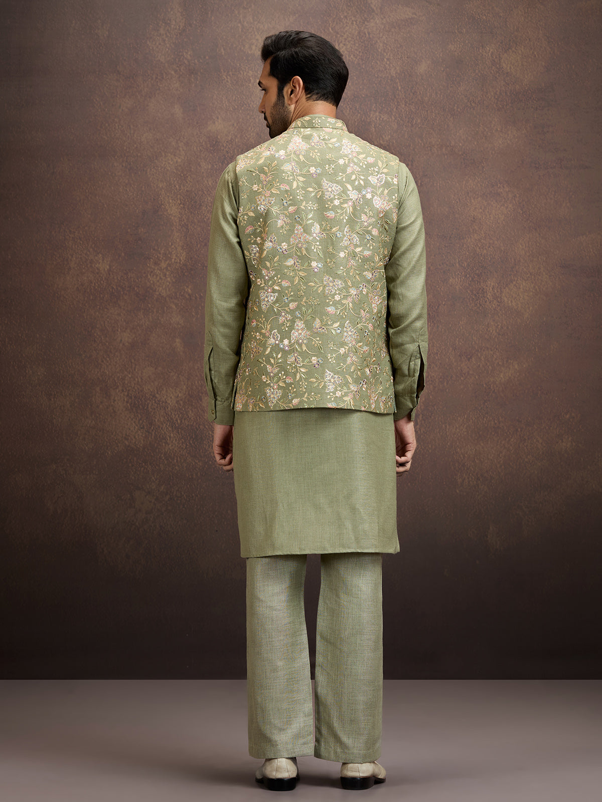 Moss green floral embroidered mens waistcoat set in cotton linen