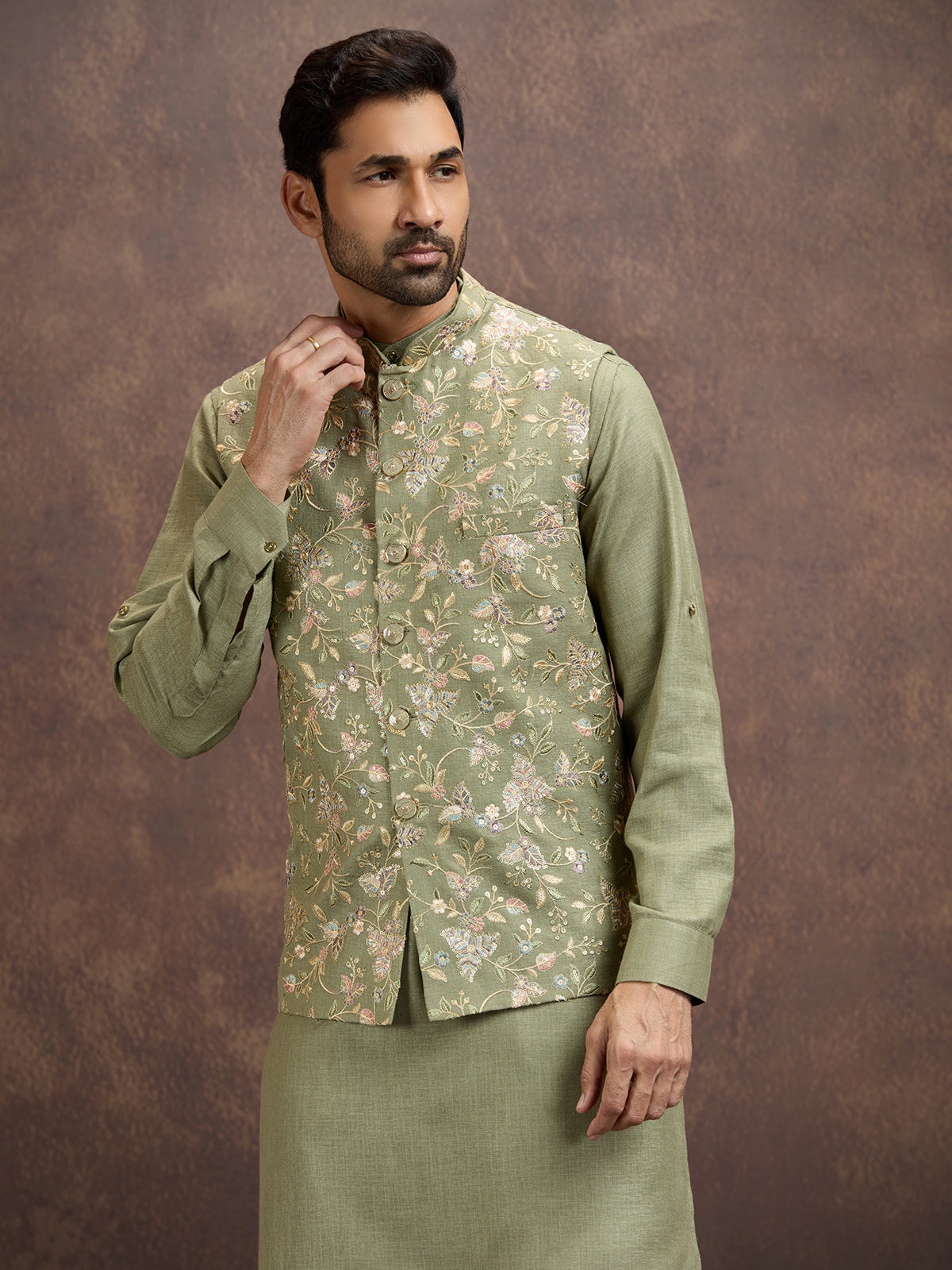 Moss green floral embroidered mens waistcoat set in cotton linen