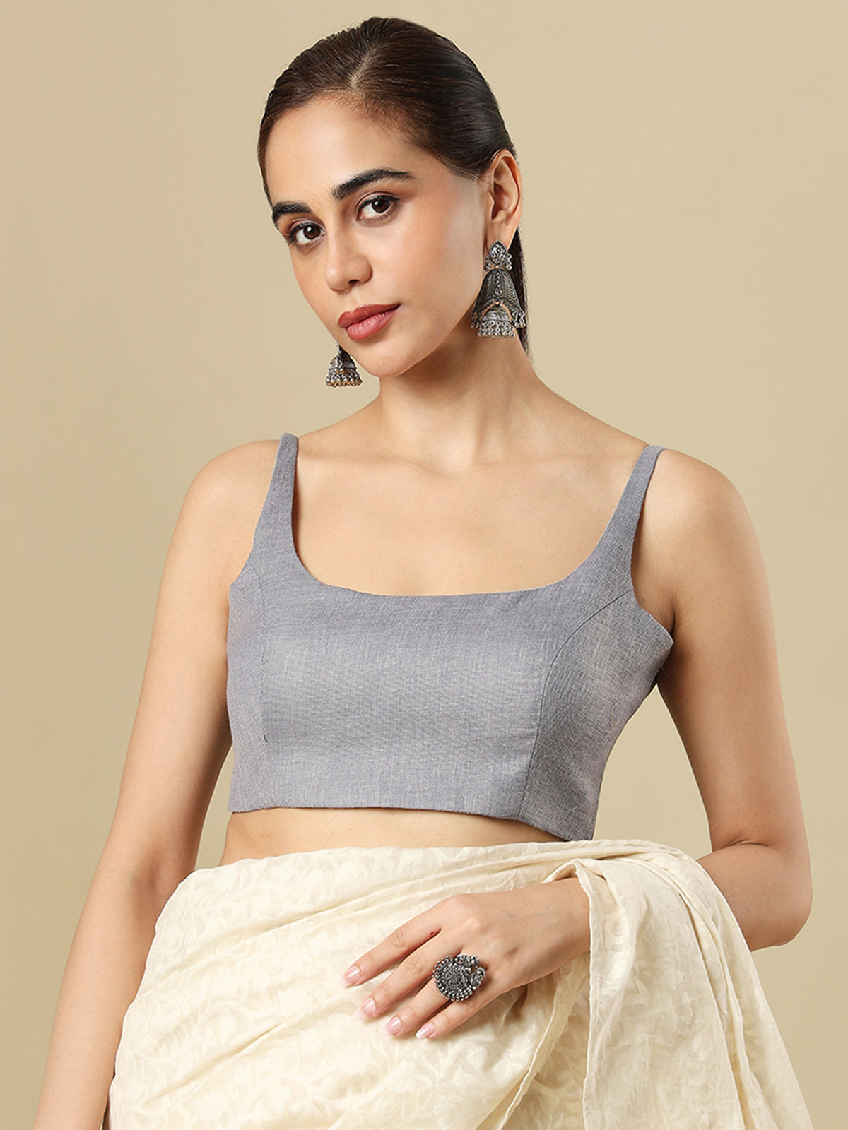 Grey linen solid blouse with round neckline and back opening