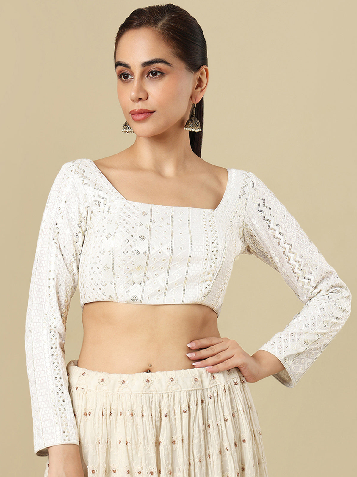 White georgette embellished blouse with square neckline and full sleeves